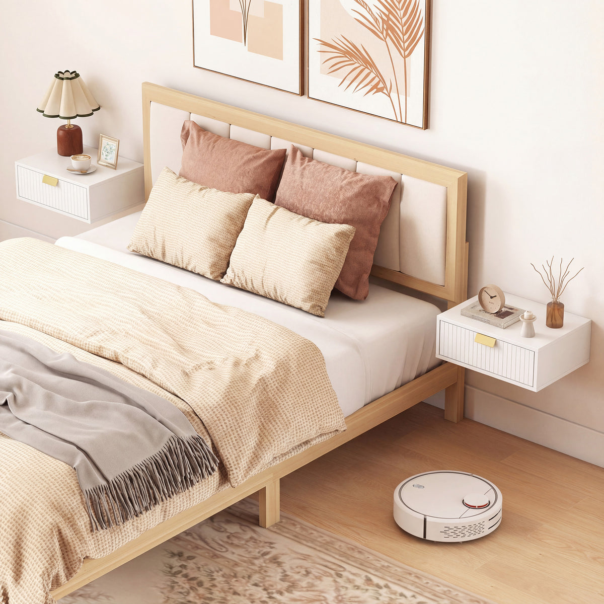 Floating Nightstands Set of 2 - Wall Mounted White Wave Drawer-Home Furnishings > Bedroom Furniture > Bedside Tables-DECOROLALA