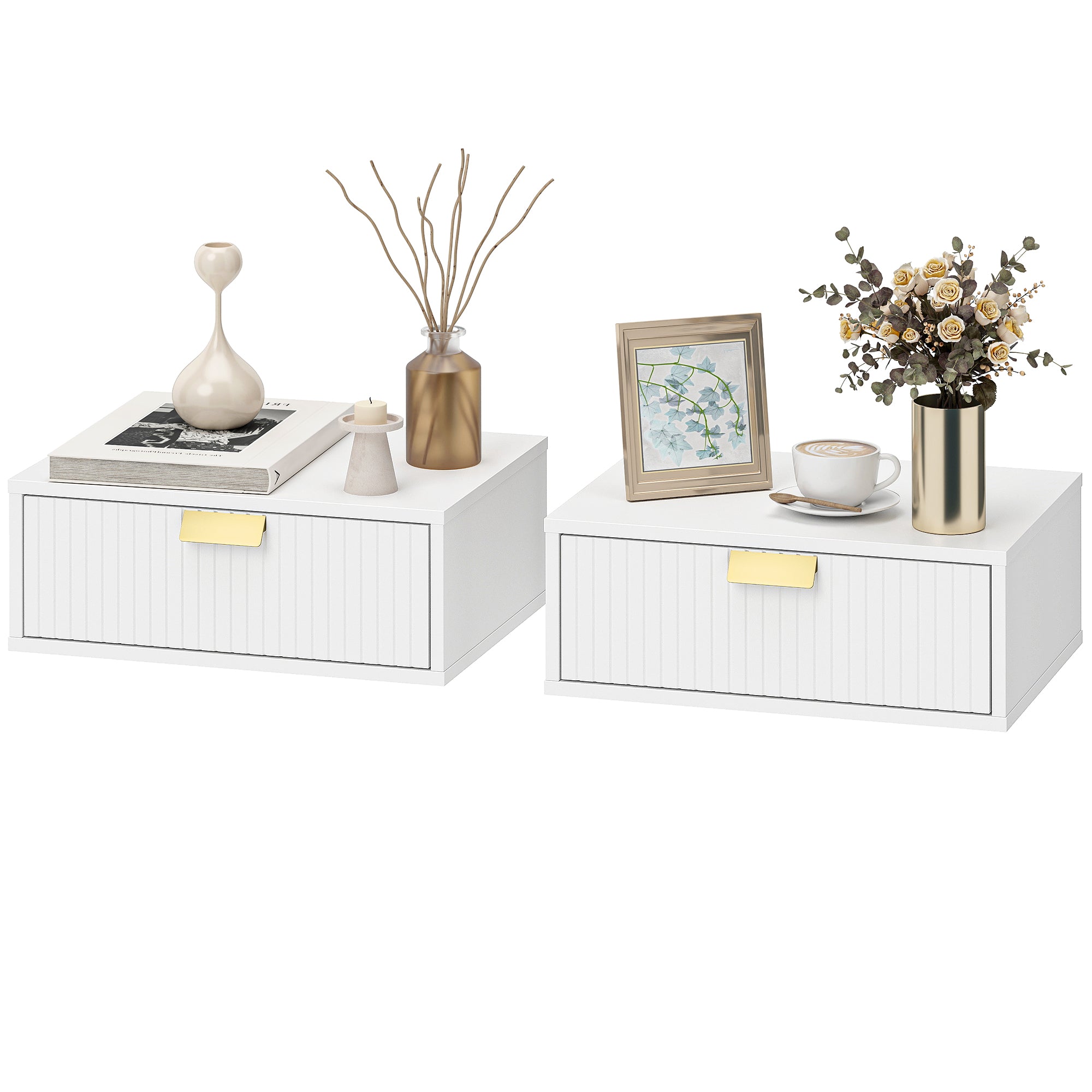 Floating Nightstands Set of 2 - Wall Mounted White Wave Drawer-Home Furnishings > Bedroom Furniture > Bedside Tables-DECOROLALA