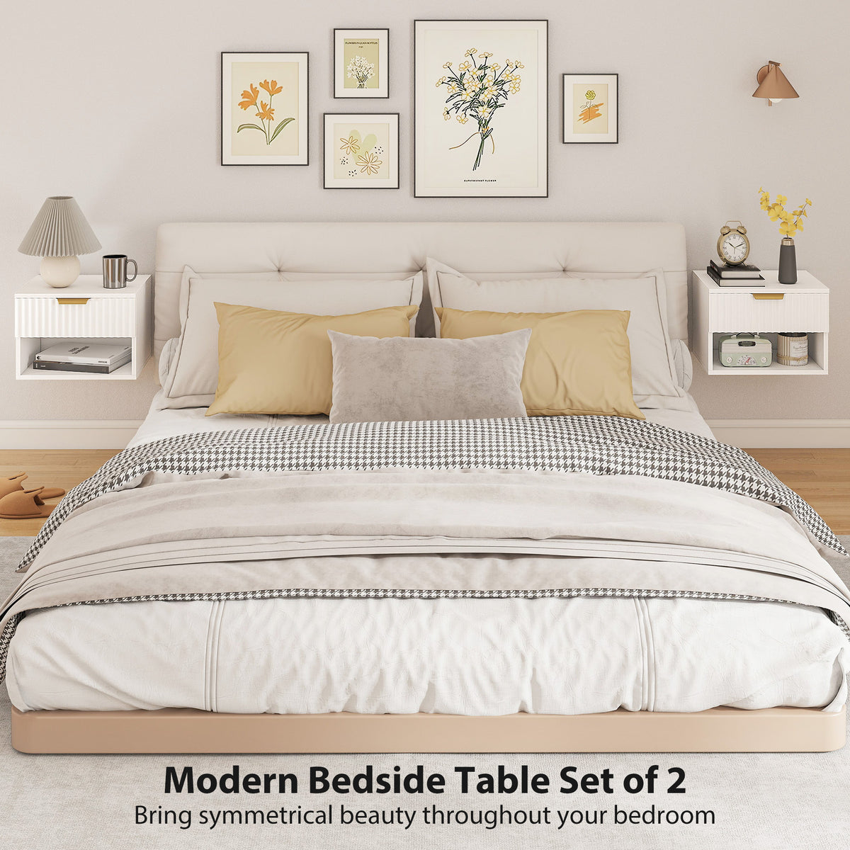 Floating Nightstands Set of 2 - White with Gold Handle-Home Furnishings > Bedroom Furniture > Bedside Tables-DECOROLALA