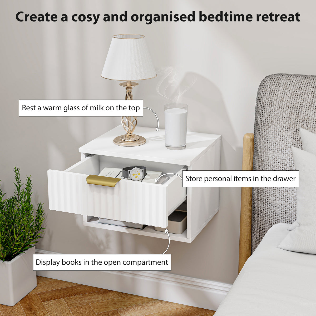 Floating Nightstands Set of 2 - White with Gold Handle-Home Furnishings > Bedroom Furniture > Bedside Tables-DECOROLALA