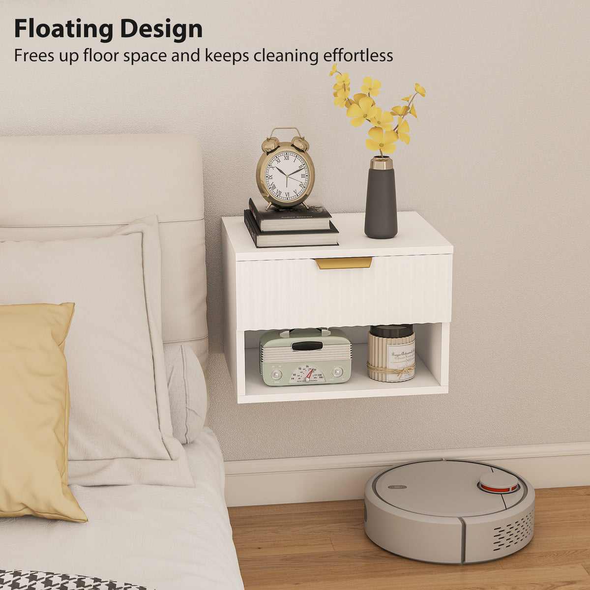 Floating Nightstands Set of 2 - White with Gold Handle-Home Furnishings > Bedroom Furniture > Bedside Tables-DECOROLALA