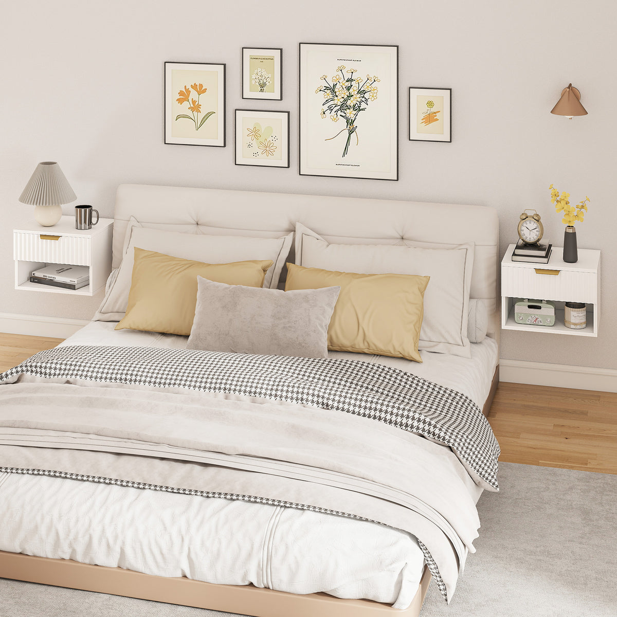 Floating Nightstands Set of 2 - White with Gold Handle-Home Furnishings > Bedroom Furniture > Bedside Tables-DECOROLALA