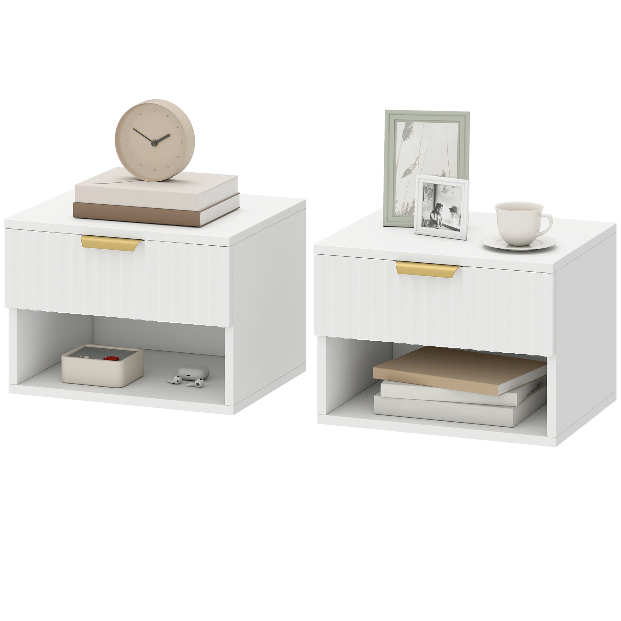 Floating Nightstands Set of 2 - White with Gold Handle-Home Furnishings > Bedroom Furniture > Bedside Tables-DECOROLALA