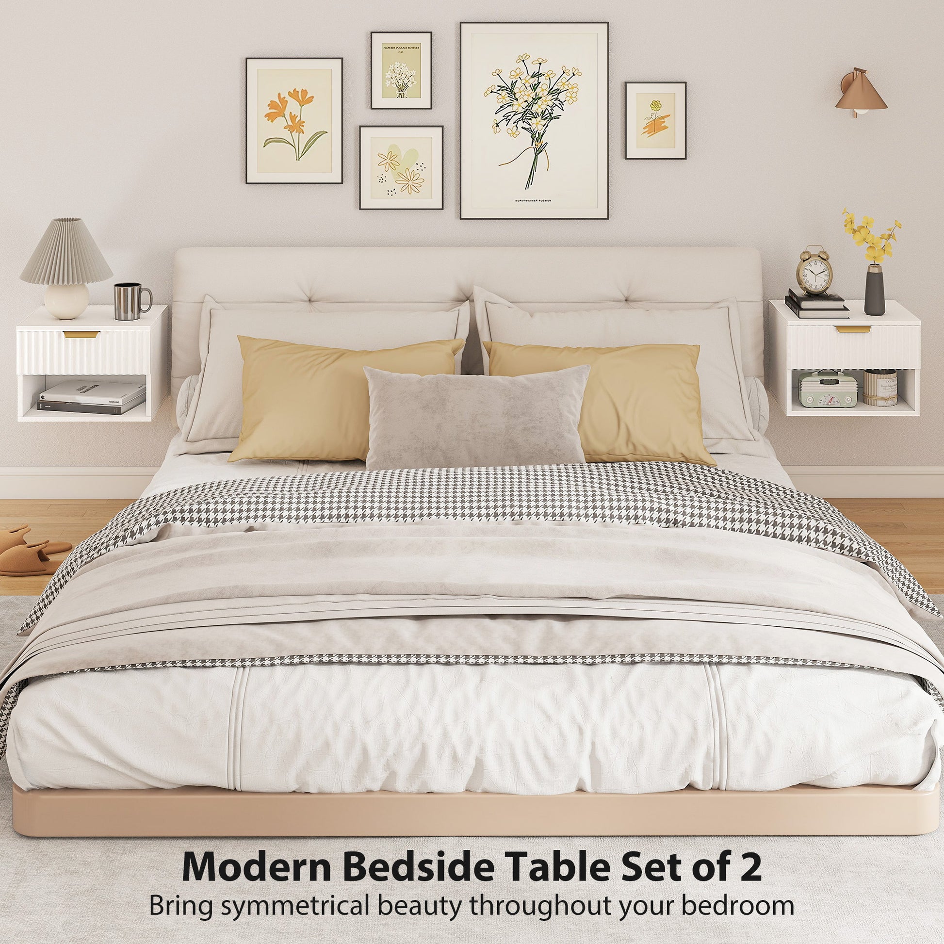 Floating Nightstands, Wall Mounted Bedside Tables Set of 2 with Drawer and Open Shelf, White-Home Furnishings > Bedroom Furniture > Bedside Tables-DECOROLALA