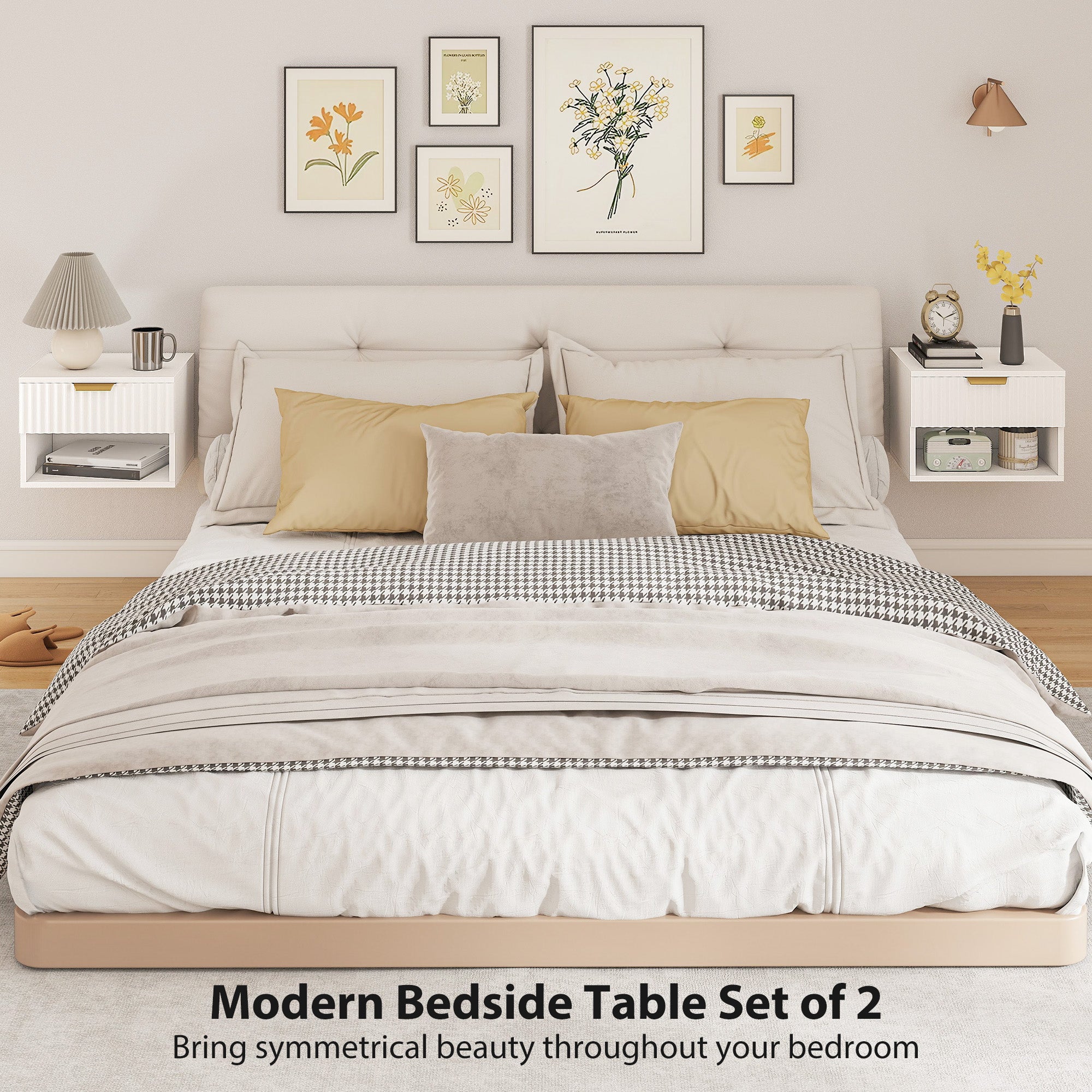 Floating Nightstands, Wall Mounted Bedside Tables Set of 2 with Drawer and Open Shelf, White-Home Furnishings > Bedroom Furniture > Bedside Tables-DECOROLALA