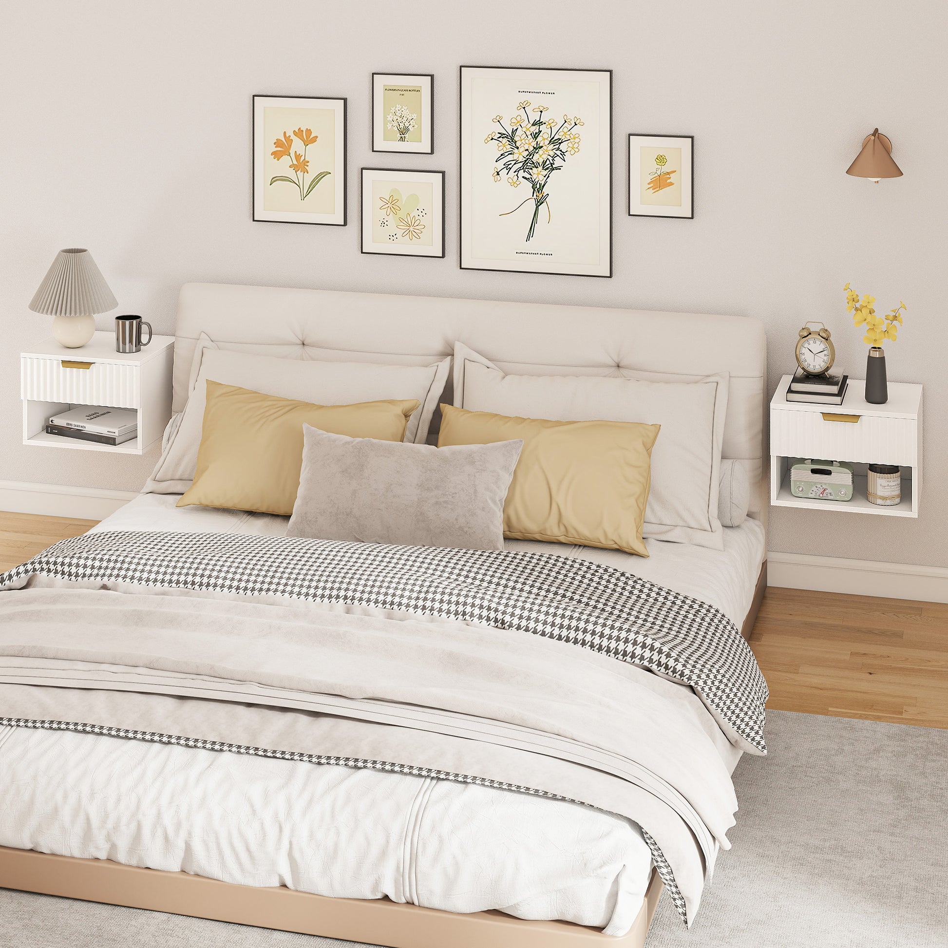Floating Nightstands, Wall Mounted Bedside Tables Set of 2 with Drawer and Open Shelf, White-Home Furnishings > Bedroom Furniture > Bedside Tables-DECOROLALA