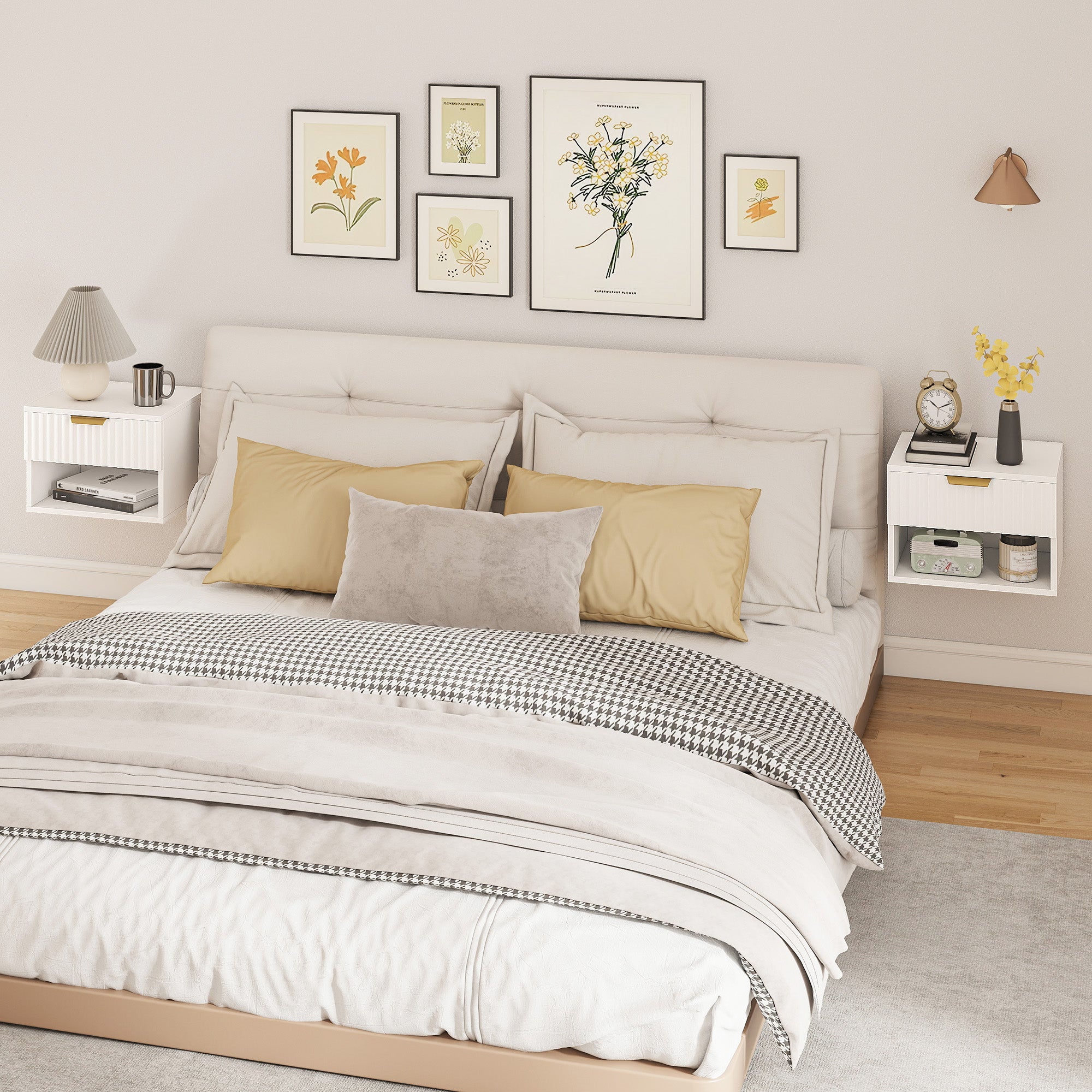 Floating Nightstands, Wall Mounted Bedside Tables Set of 2 with Drawer and Open Shelf, White-Home Furnishings > Bedroom Furniture > Bedside Tables-DECOROLALA