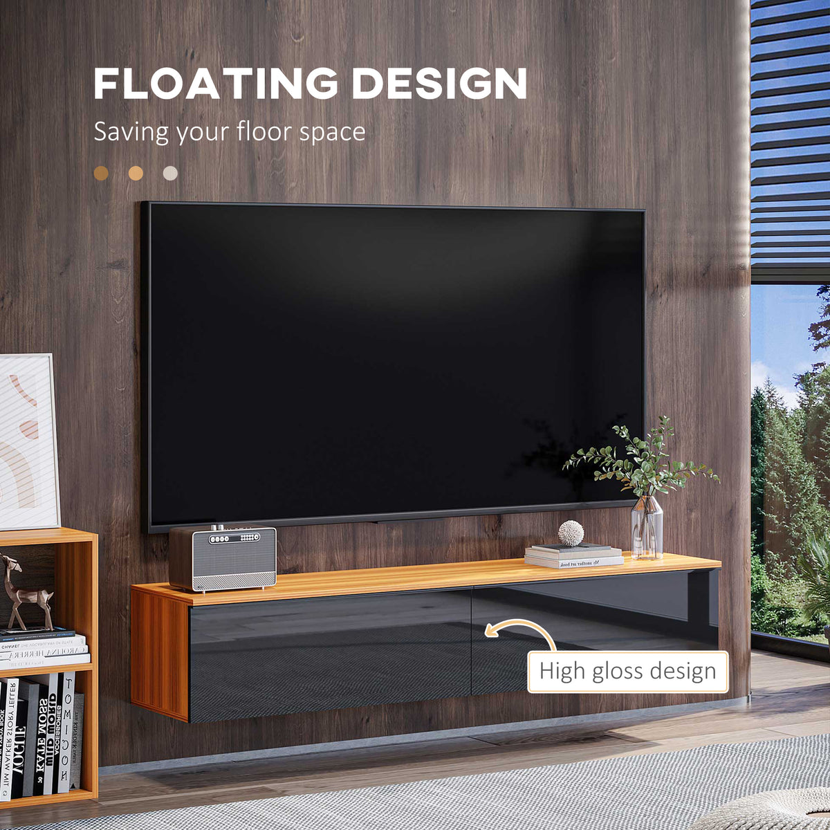 Floating TV Stand - 63" High Gloss Wall Mounted Cabinet Brown-Home Furnishings > Living Room Furniture > TV¬†Stands-DECOROLALA