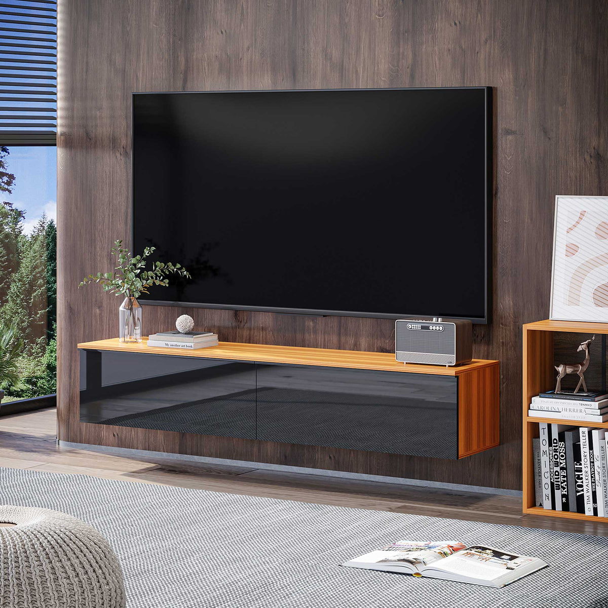 Floating TV Stand - 63" High Gloss Wall Mounted Cabinet Brown-Home Furnishings > Living Room Furniture > TV¬†Stands-DECOROLALA