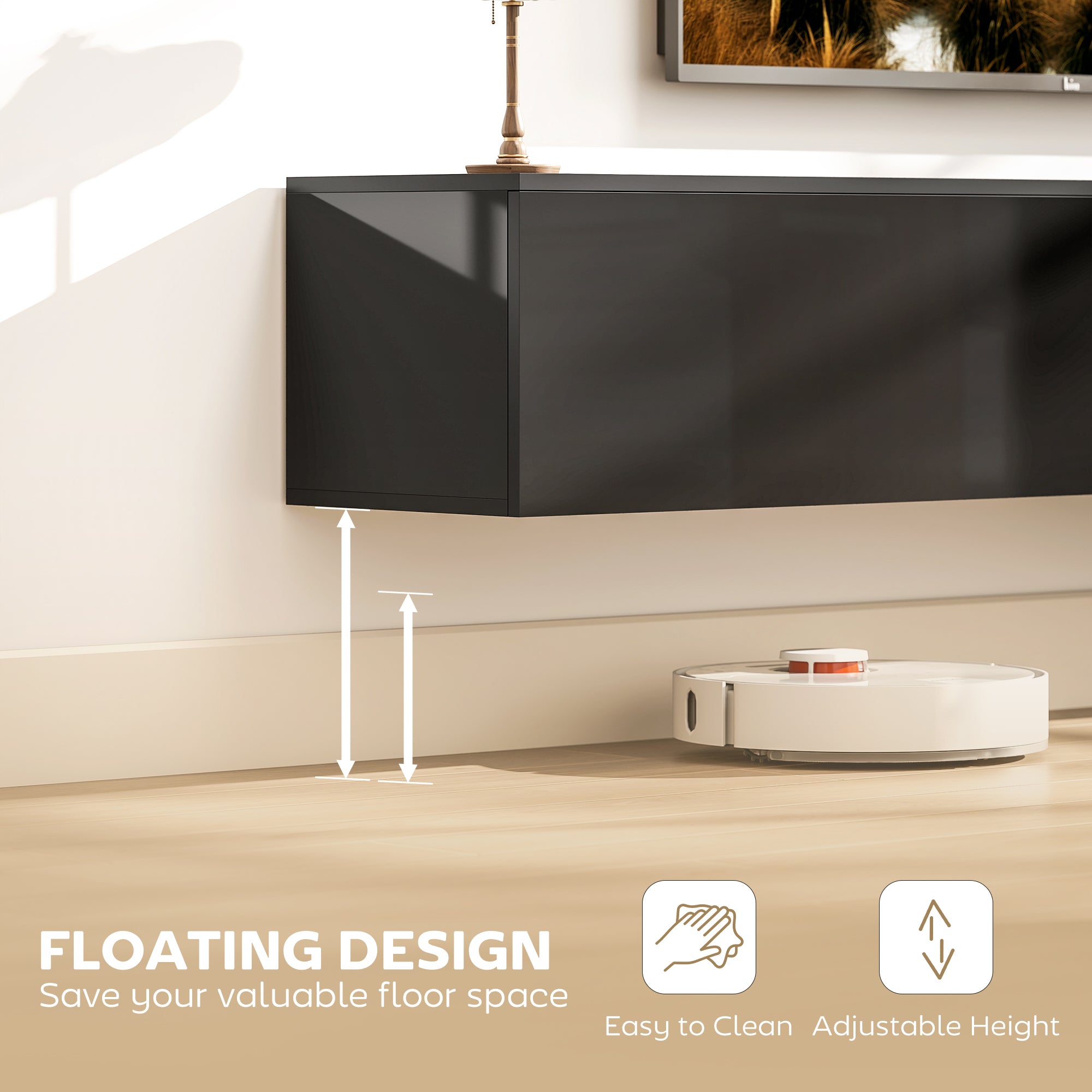 Floating TV Stand for TVs up to 75 Inch, 70.9" TV Cabinet, Entertainment Center with 2 Flip Doors, High Gloss Black-Home Furnishings > Living Room Furniture > TV¬†Stands-DECOROLALA