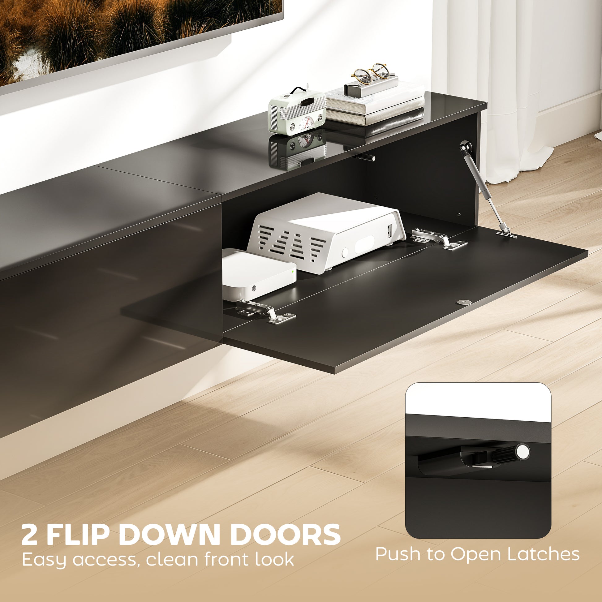 Floating TV Stand for TVs up to 75 Inch, 70.9" TV Cabinet, Entertainment Center with 2 Flip Doors, High Gloss Black-Home Furnishings > Living Room Furniture > TV¬†Stands-DECOROLALA