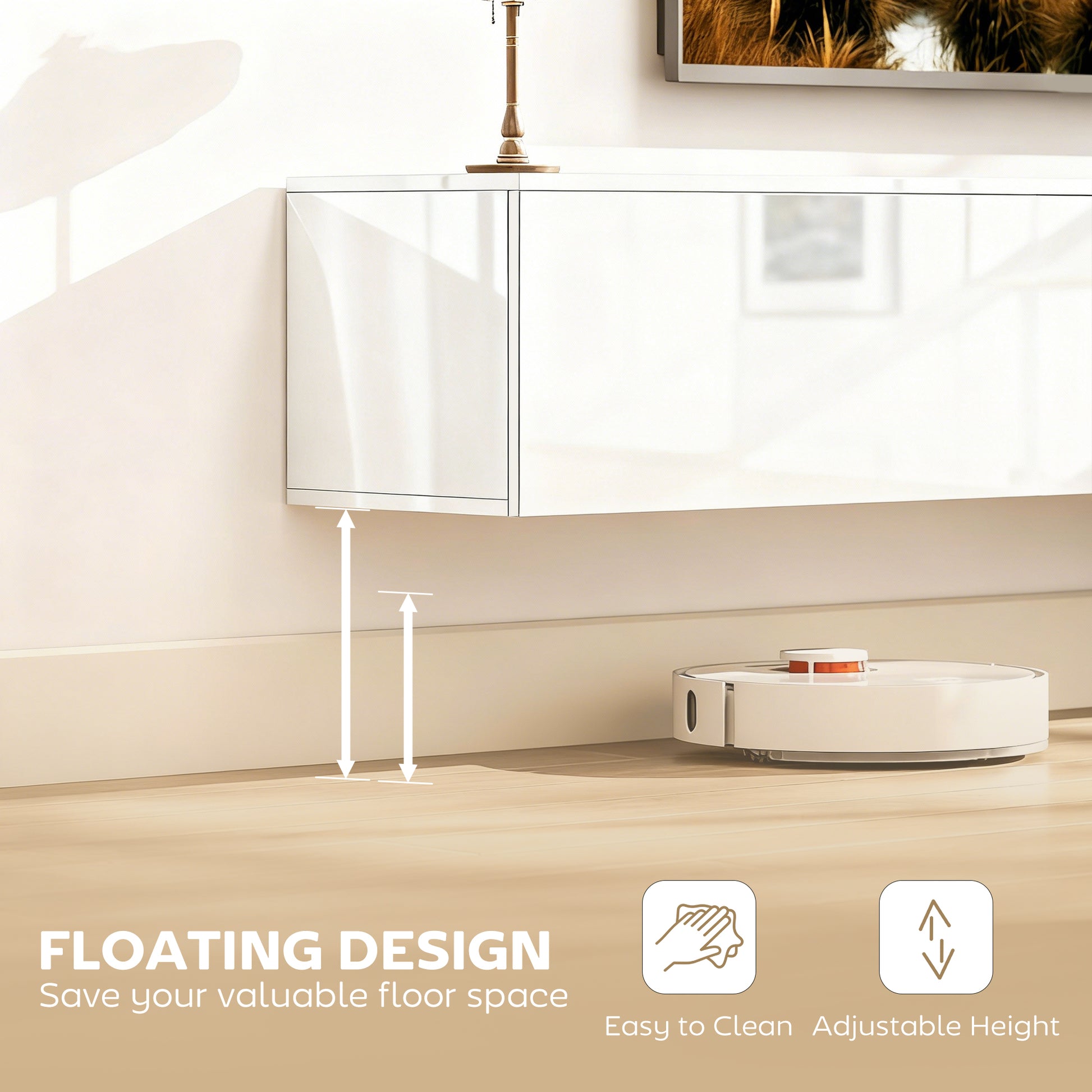 Floating TV Stand for TVs up to 75 Inch, 70.9" TV Cabinet, Entertainment Center with 2 Flip Doors, High Gloss White-Home Furnishings > Living Room Furniture > TV¬†Stands-DECOROLALA