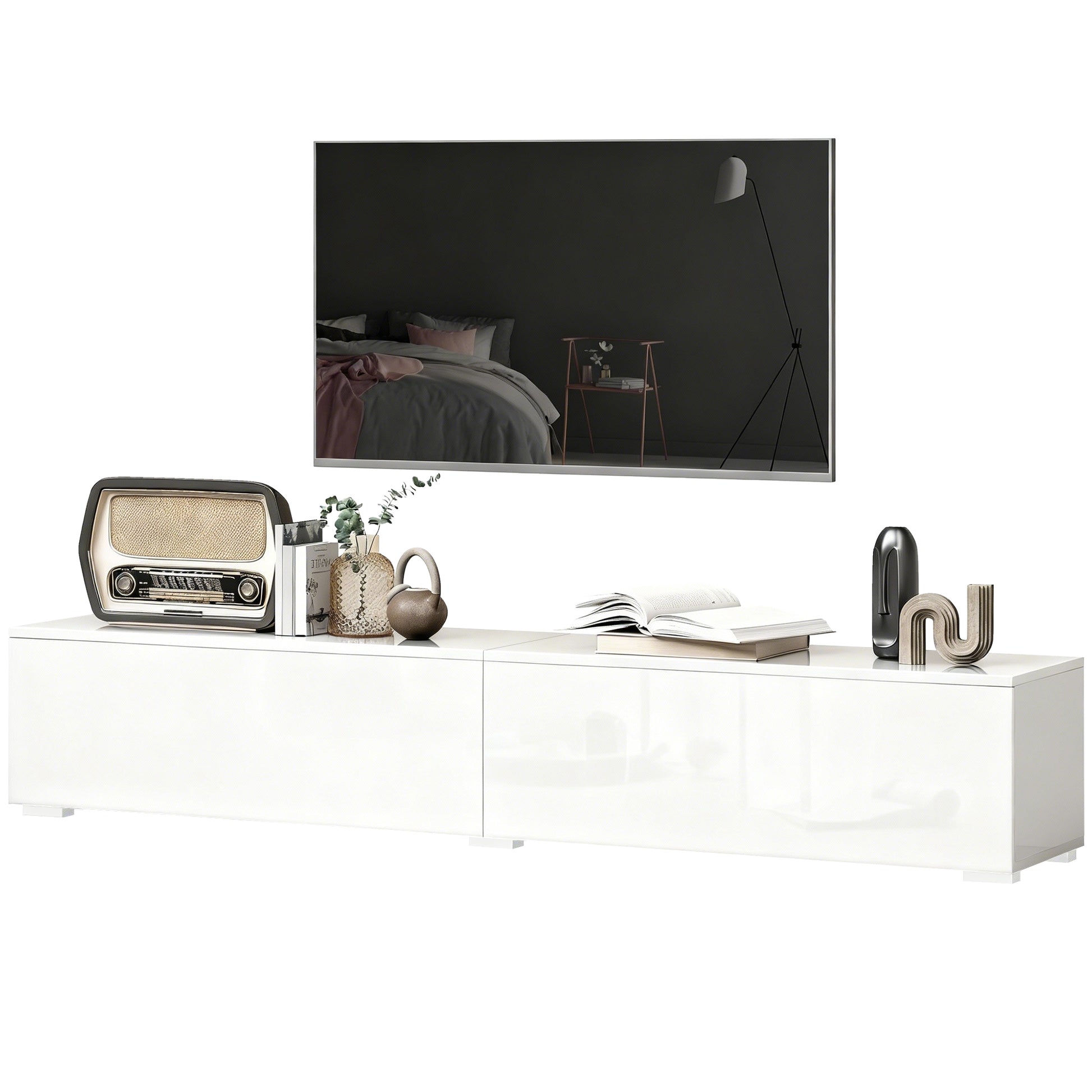 Floating TV Stand for TVs up to 75 Inch, 70.9" TV Cabinet, Entertainment Center with 2 Flip Doors, High Gloss White-Home Furnishings > Living Room Furniture > TV¬†Stands-DECOROLALA
