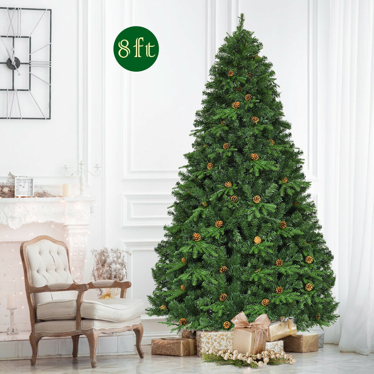 Flocked Artificial Christmas Tree with LED Lights and Pine Cones-8ft-Christmas Trees-DECOROLALA