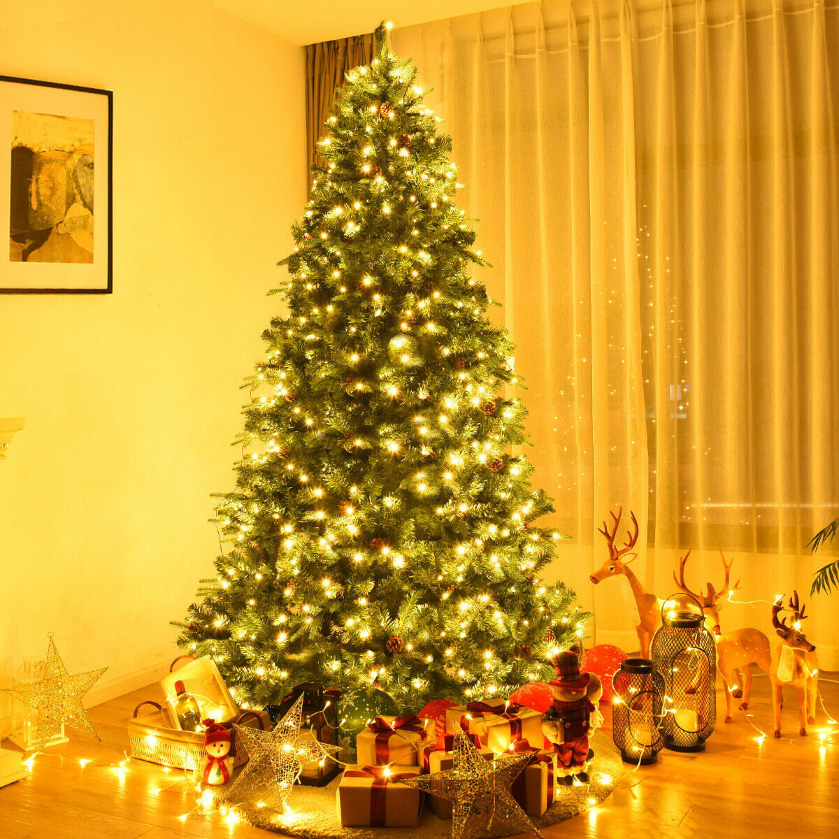 Flocked Artificial Christmas Tree with LED Lights and Pine Cones-8ft-Christmas Trees-DECOROLALA
