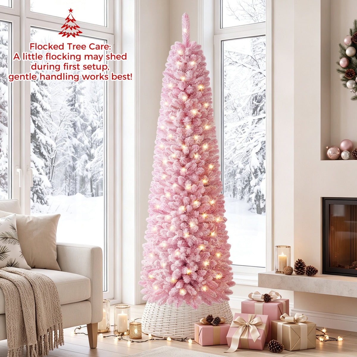 Flocked Pencil Christmas Tree with 8 Modes Pre-Lit Artificial Fir Xmas Tree-6 FT-Christmas Trees-DECOROLALA