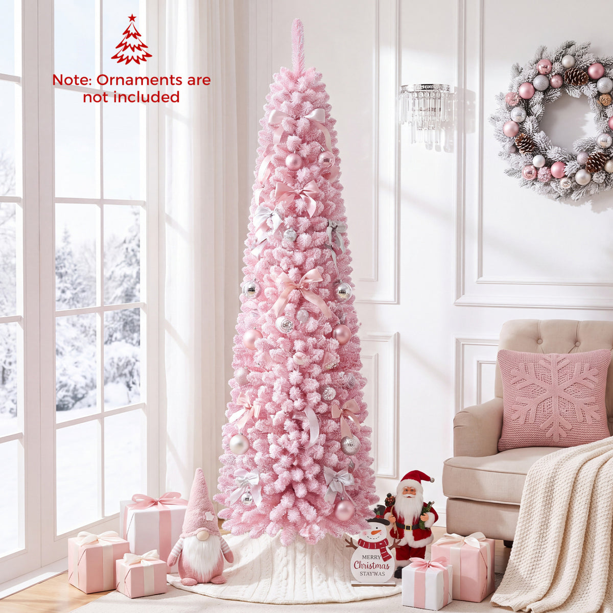 Flocked Pencil Christmas Tree with 8 Modes Pre-Lit Artificial Fir Xmas Tree-6 FT-Christmas Trees-DECOROLALA