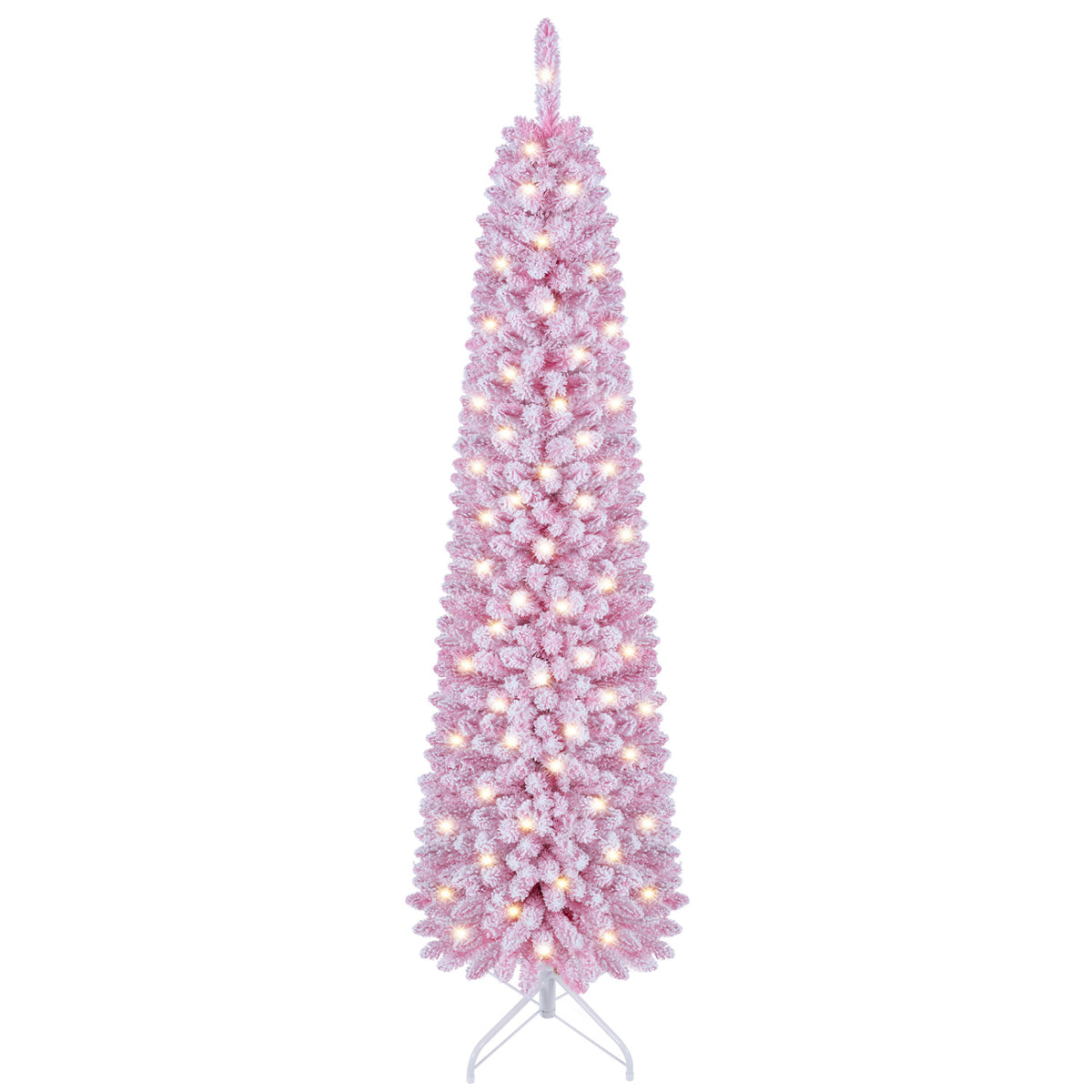 Flocked Pencil Christmas Tree with 8 Modes Pre-Lit Artificial Fir Xmas Tree-6 FT-Christmas Trees-DECOROLALA