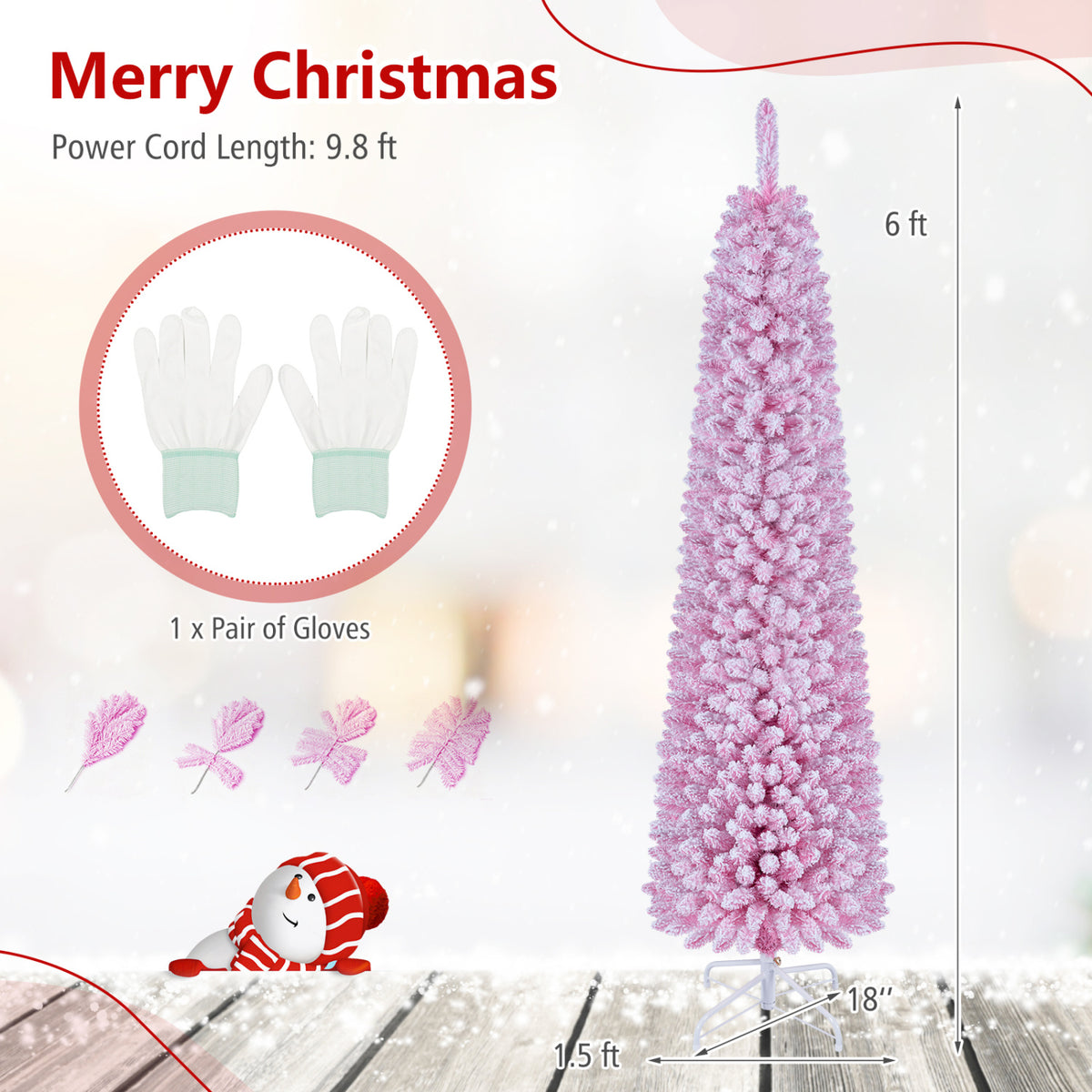 Flocked Pencil Christmas Tree with 8 Modes Pre-Lit Artificial Fir Xmas Tree-6 FT-Christmas Trees-DECOROLALA
