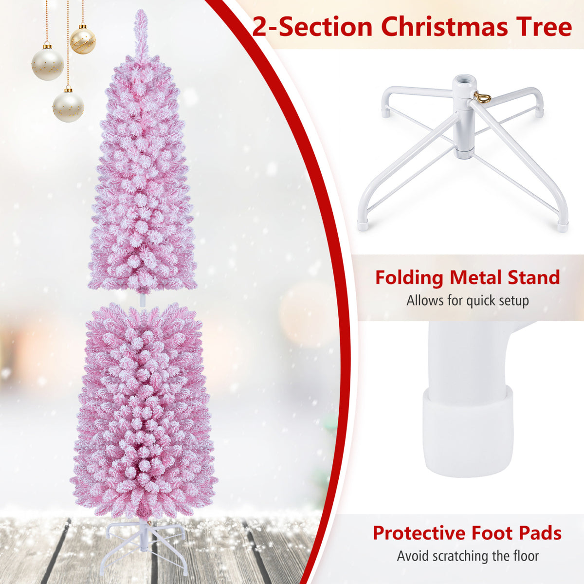 Flocked Pencil Christmas Tree with 8 Modes Pre-Lit Artificial Fir Xmas Tree-6 FT-Christmas Trees-DECOROLALA