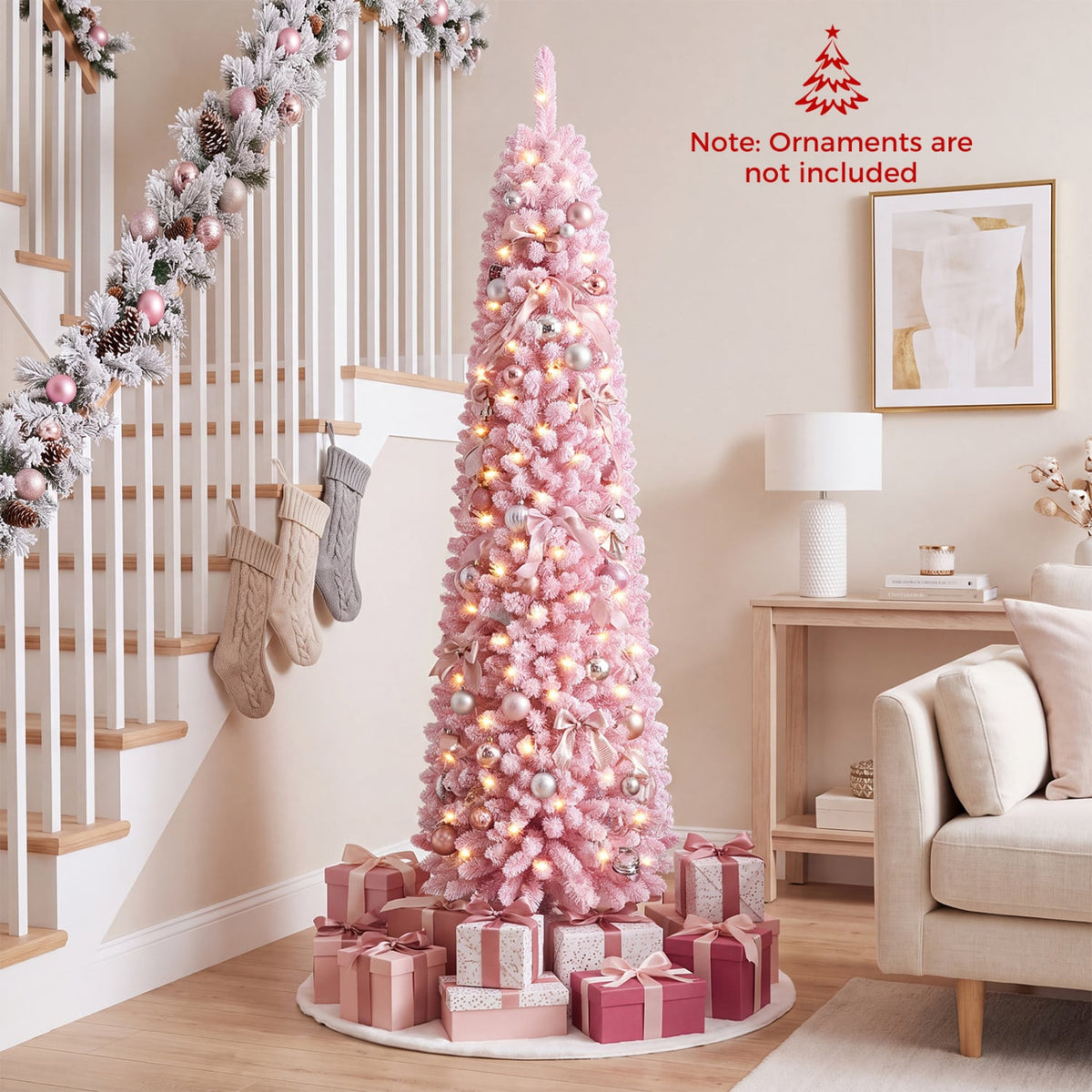 Flocked Pencil Christmas Tree with 8 Modes Pre-Lit Artificial Fir Xmas Tree-6 FT-Christmas Trees-DECOROLALA