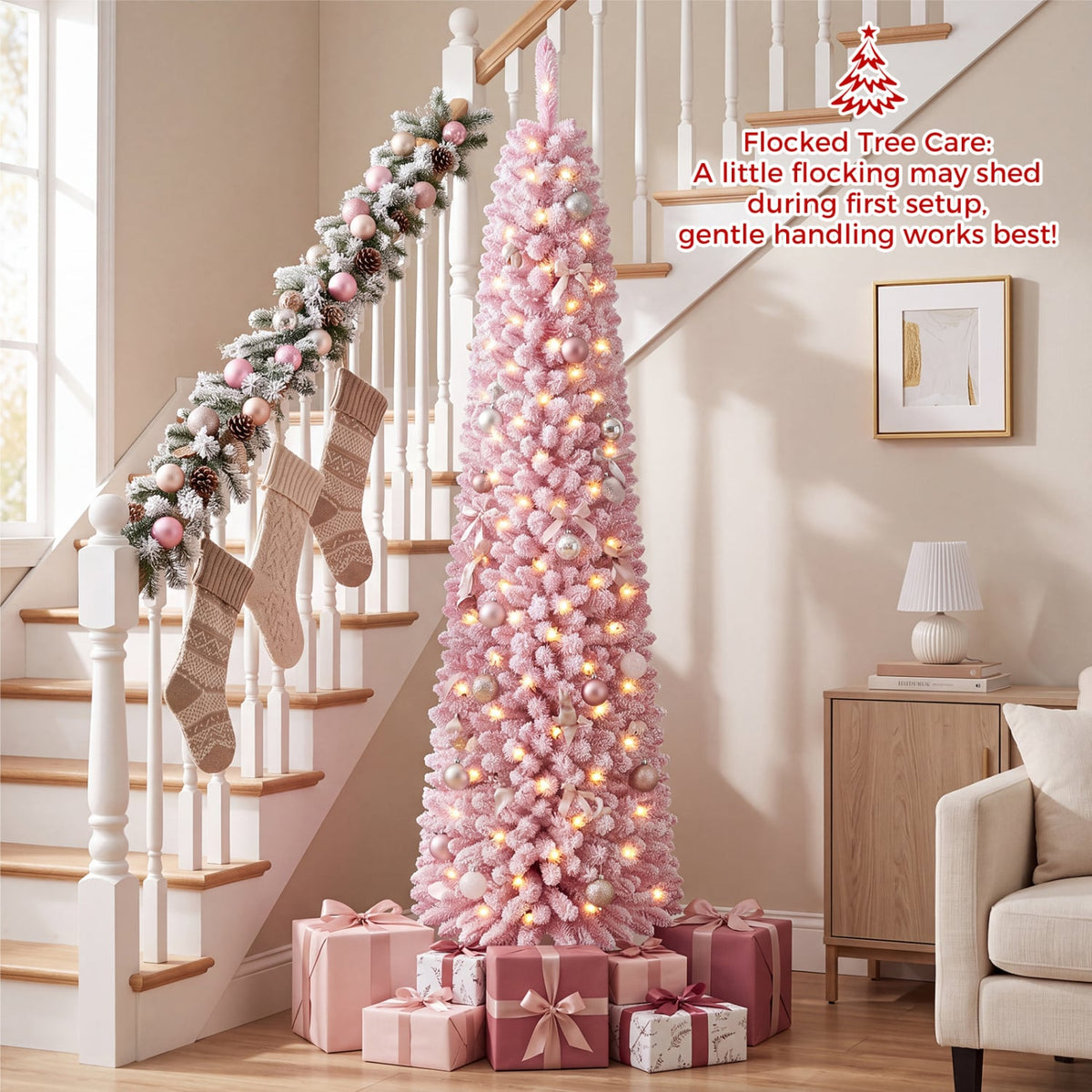 Flocked Pencil Christmas Tree with 8 Modes Pre-Lit Artificial Fir Xmas Tree-7 FT-Christmas Trees-DECOROLALA