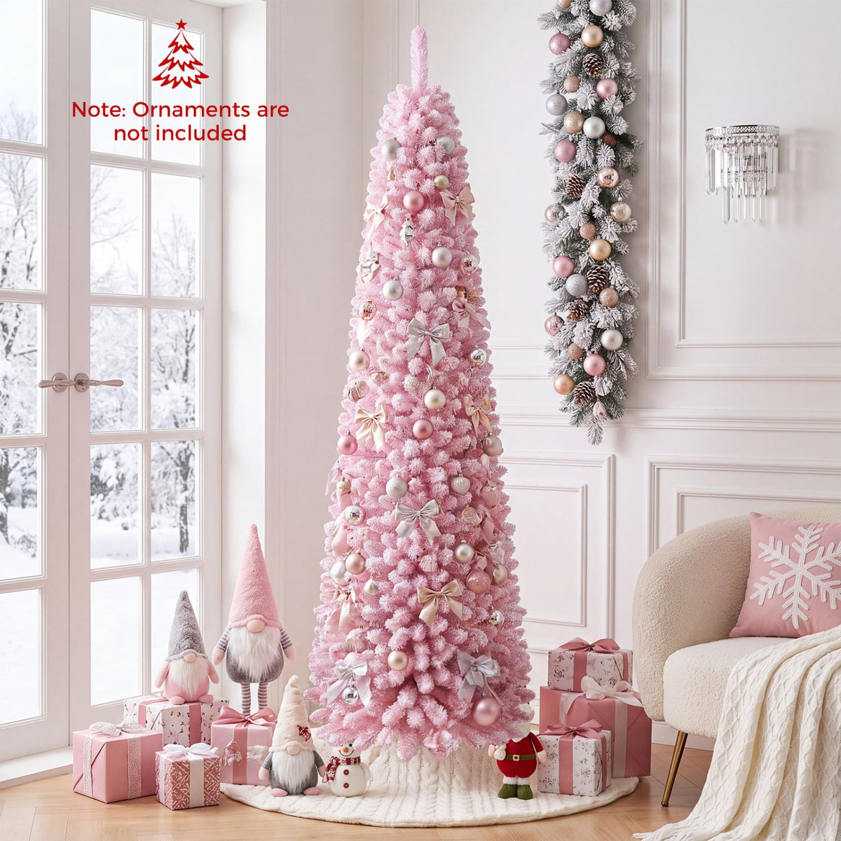Flocked Pencil Christmas Tree with 8 Modes Pre-Lit Artificial Fir Xmas Tree-7 FT-Christmas Trees-DECOROLALA
