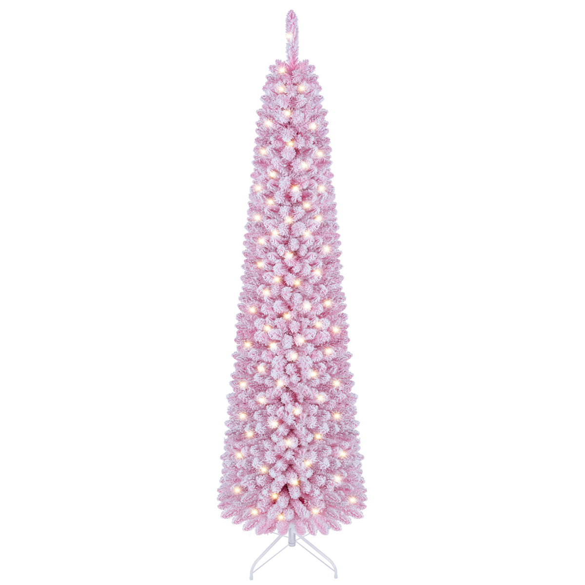 Flocked Pencil Christmas Tree with 8 Modes Pre-Lit Artificial Fir Xmas Tree-7 FT-Christmas Trees-DECOROLALA