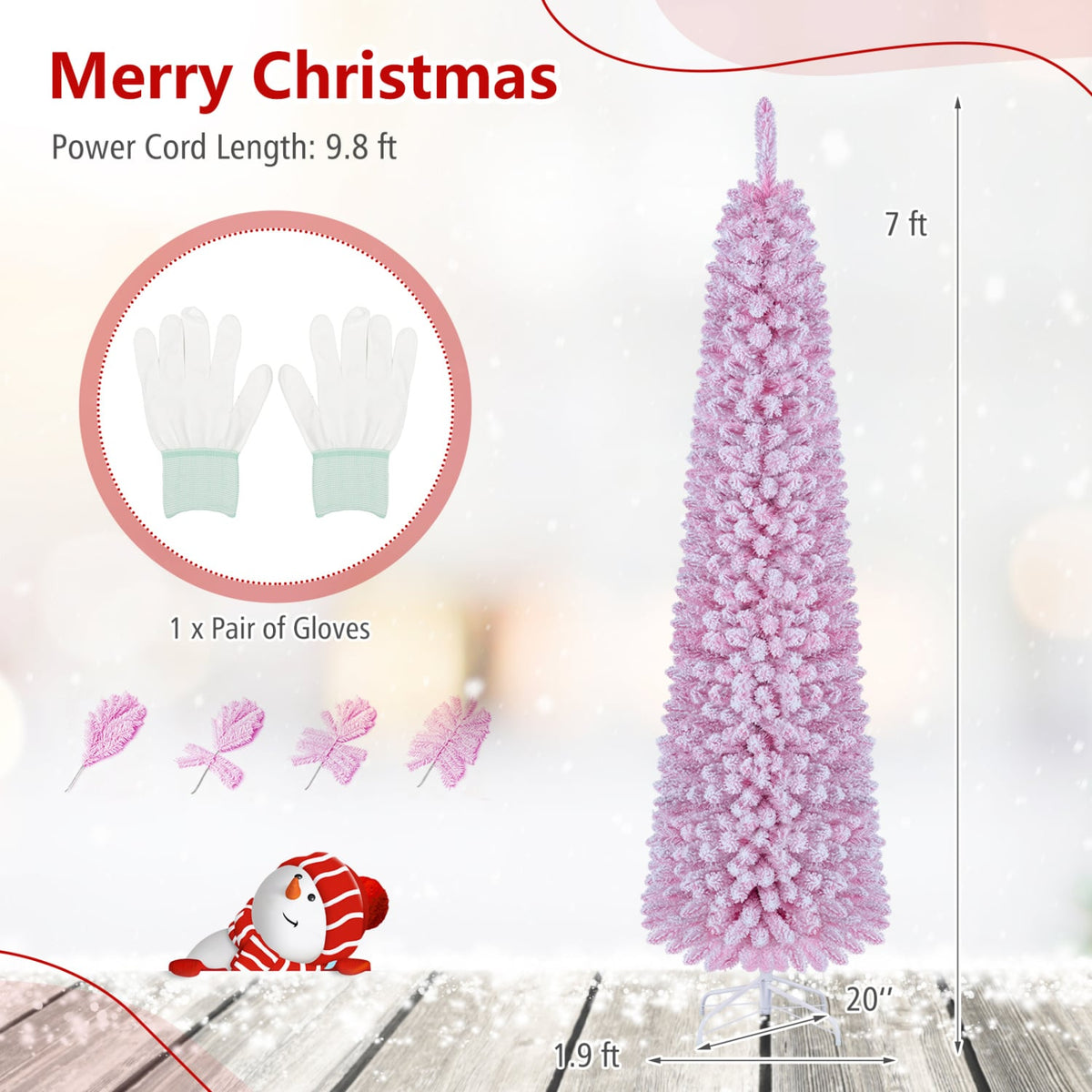 Flocked Pencil Christmas Tree with 8 Modes Pre-Lit Artificial Fir Xmas Tree-7 FT-Christmas Trees-DECOROLALA