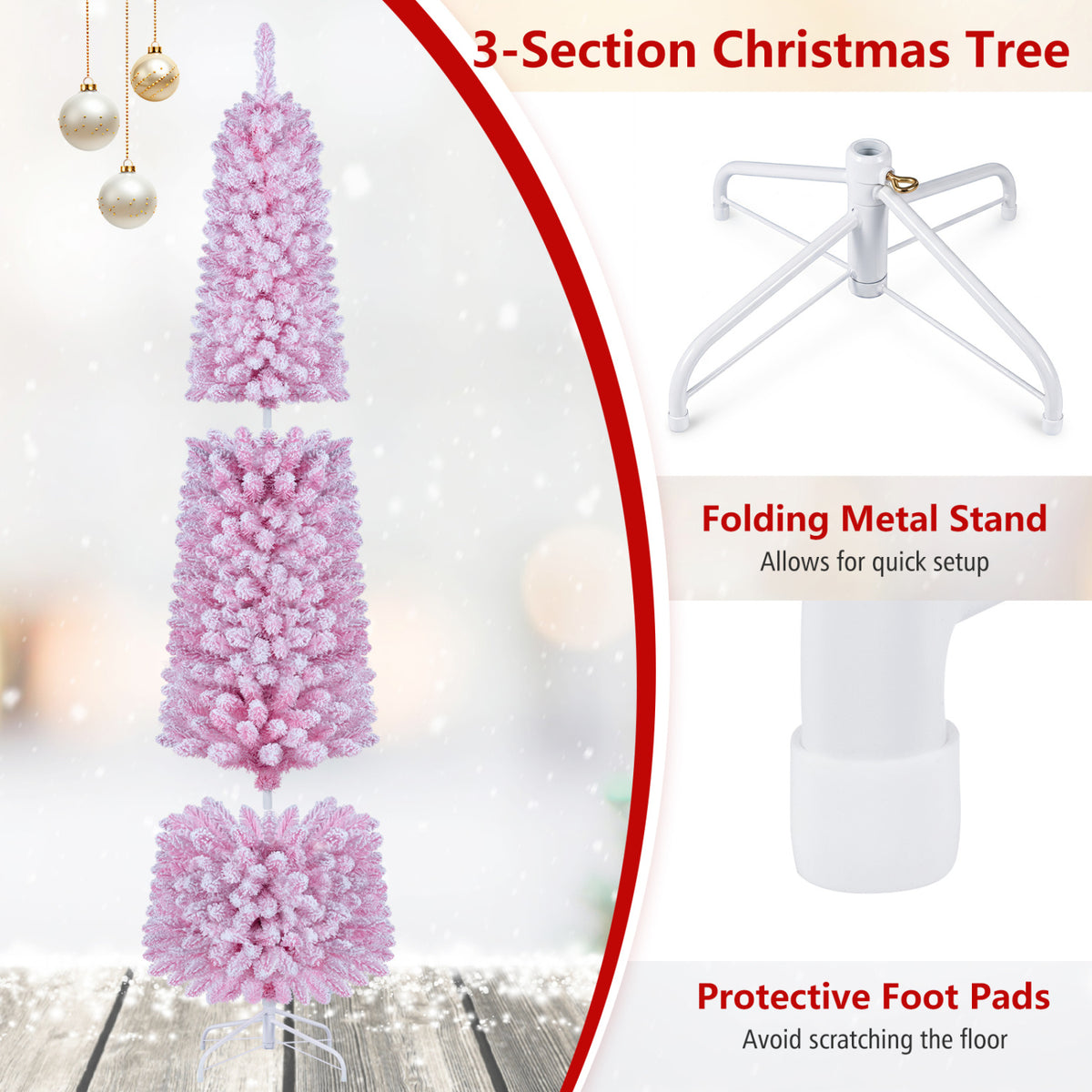 Flocked Pencil Christmas Tree with 8 Modes Pre-Lit Artificial Fir Xmas Tree-7 FT-Christmas Trees-DECOROLALA