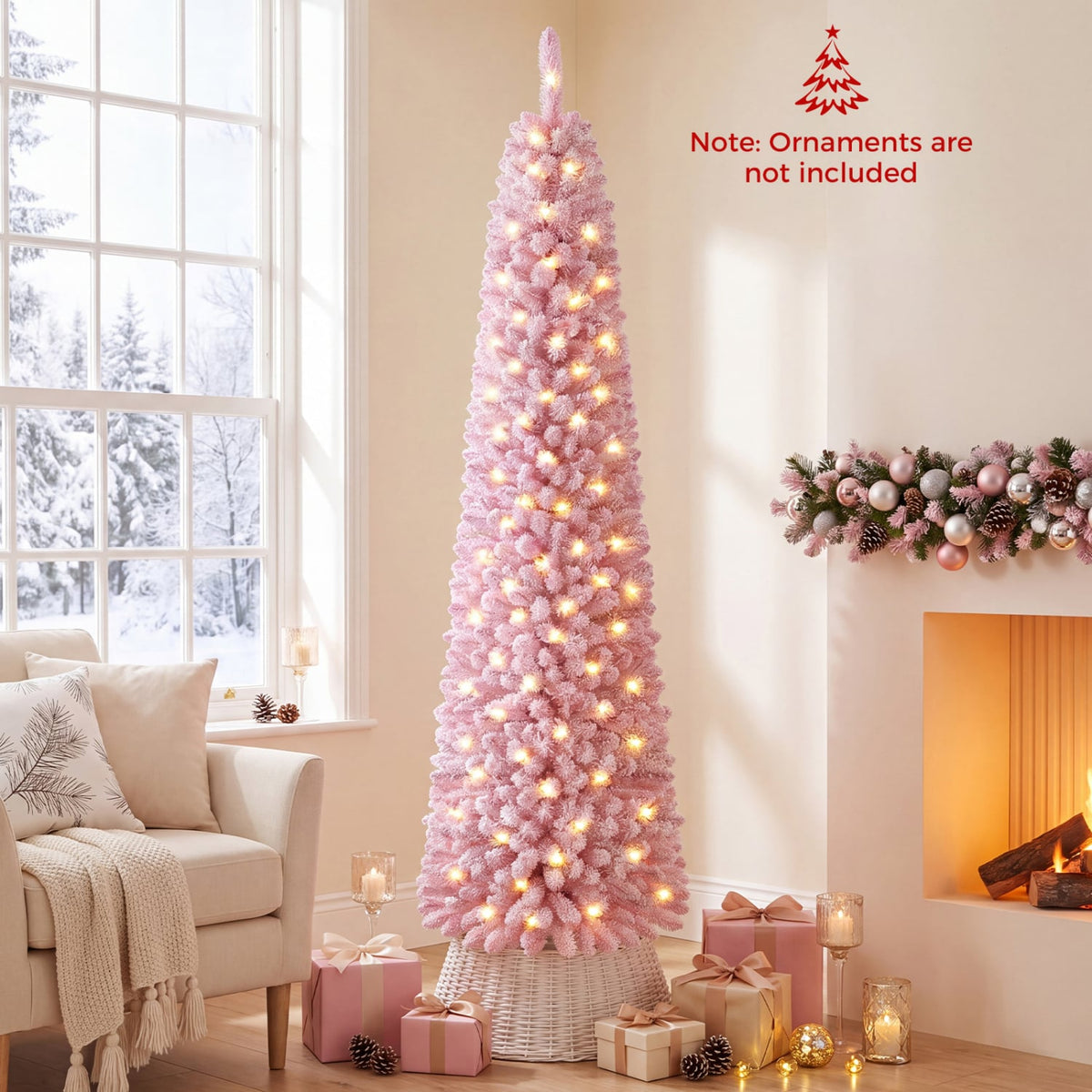 Flocked Pencil Christmas Tree with 8 Modes Pre-Lit Artificial Fir Xmas Tree-7 FT-Christmas Trees-DECOROLALA