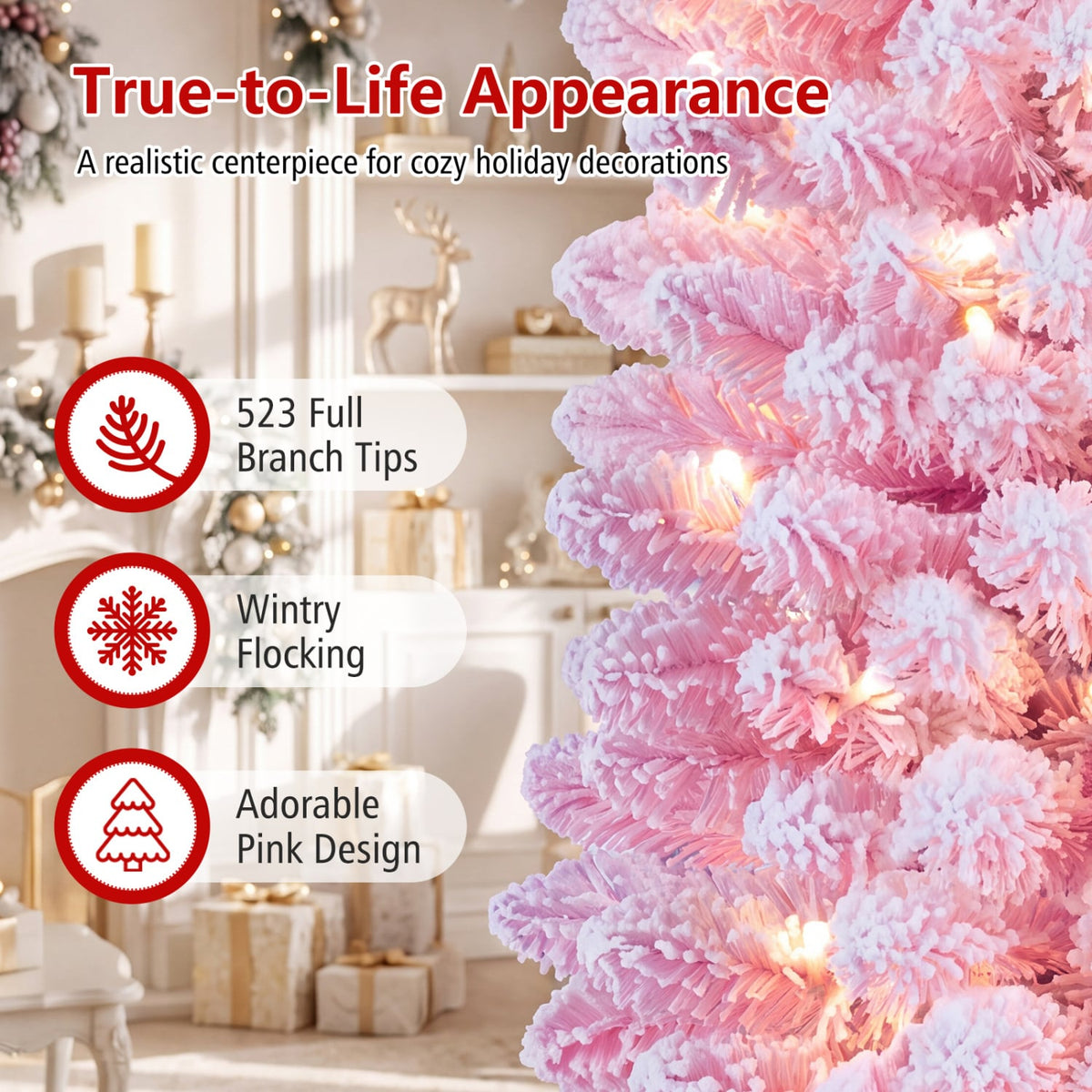Flocked Pencil Christmas Tree with 8 Modes Pre-Lit Artificial Fir Xmas Tree-7 FT-Christmas Trees-DECOROLALA