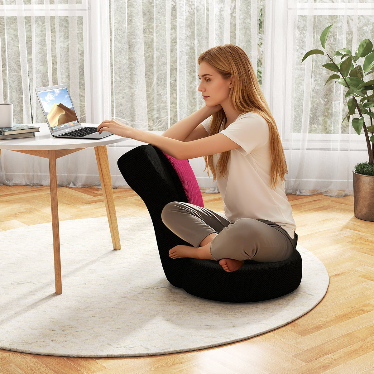 Floor Comfy Gaming Leisure Chair with Adjustable Headrest and Backrest-Pink-Floor Chairs-DECOROLALA