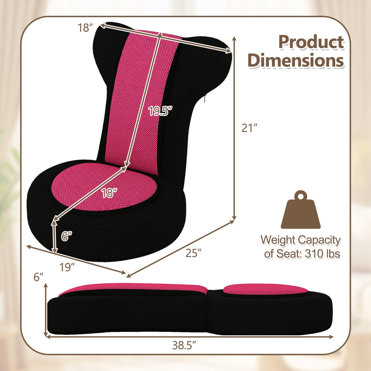 Floor Comfy Gaming Leisure Chair with Adjustable Headrest and Backrest-Pink-Floor Chairs-DECOROLALA