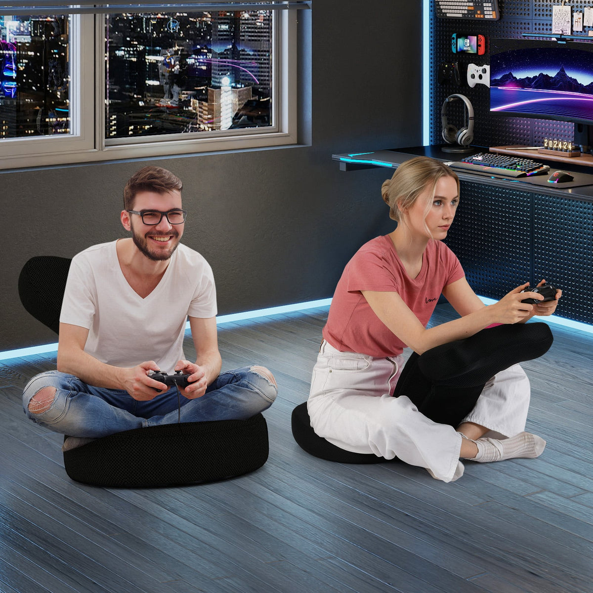 Floor Comfy Gaming Leisure Chair with Adjustable Headrest and Backrest-Pink-Floor Chairs-DECOROLALA