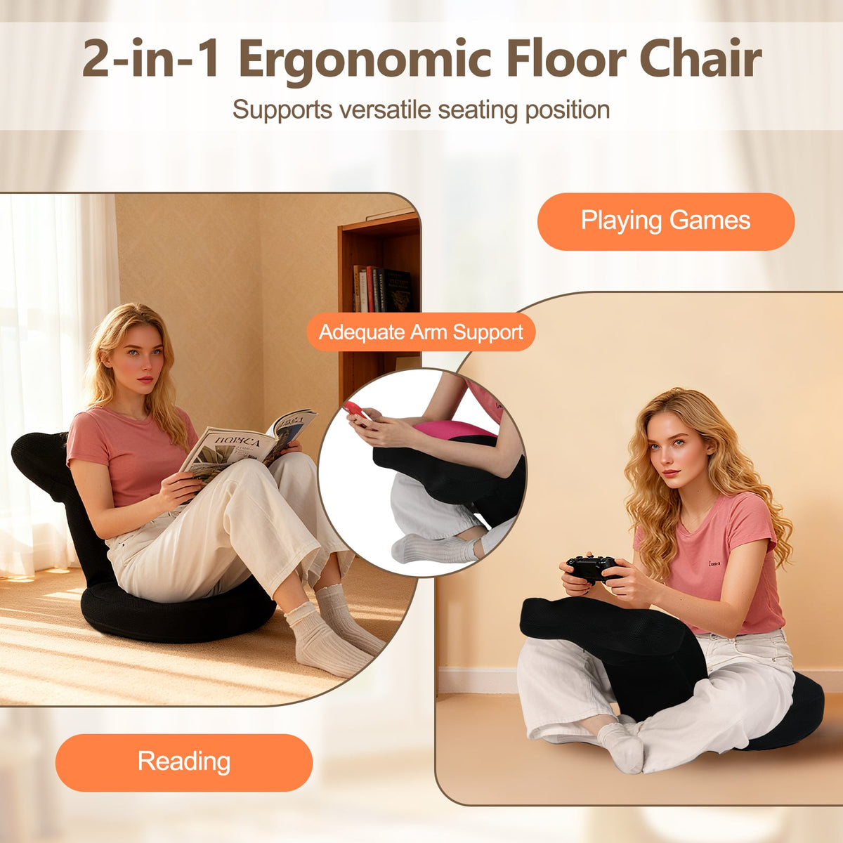 Floor Comfy Gaming Leisure Chair with Adjustable Headrest and Backrest-Pink-Floor Chairs-DECOROLALA
