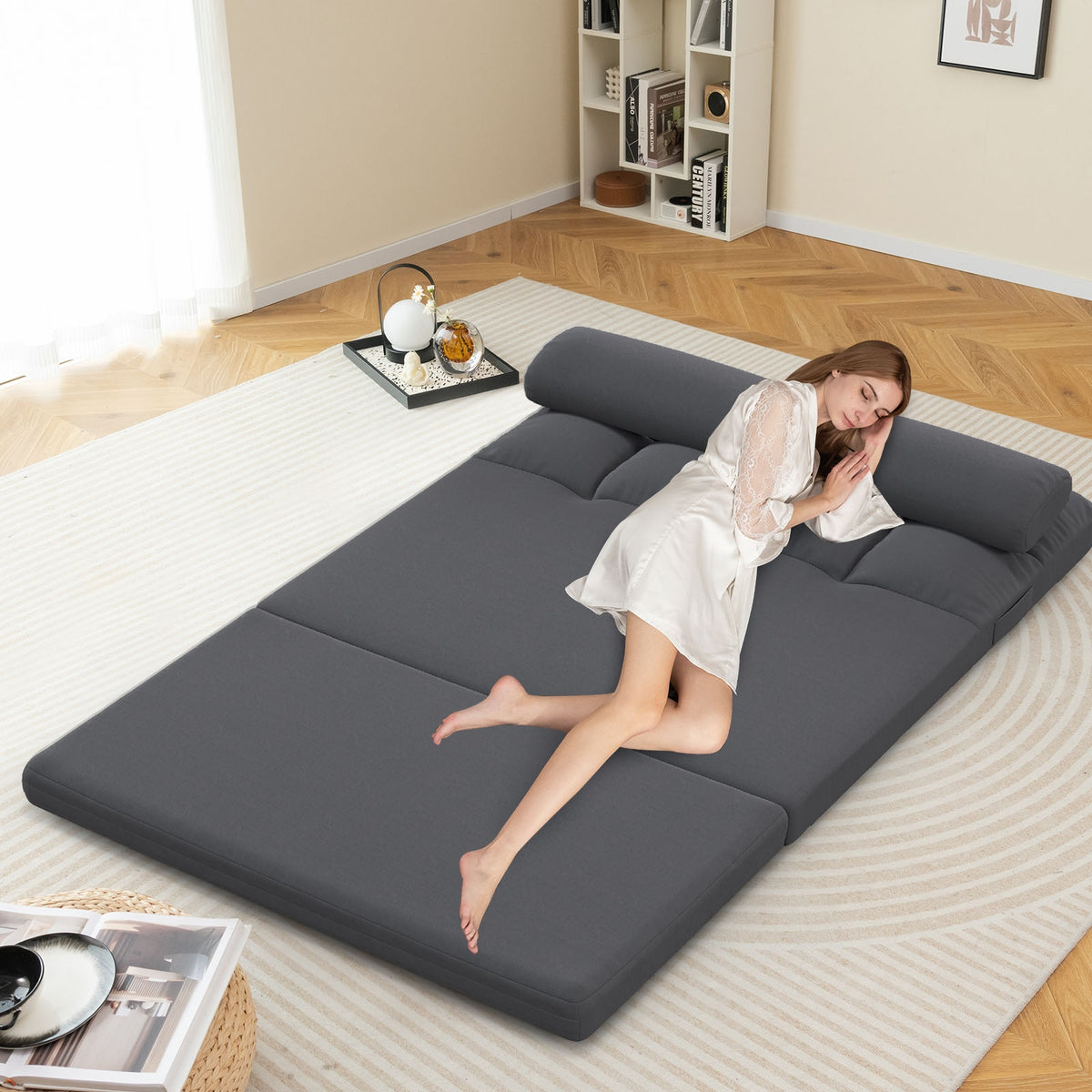Floor Sofa Bed with 6 Positions Adjustable Backrest Skin-friendly Velvet Cover-Dark Gray-Floor Chairs-DECOROLALA
