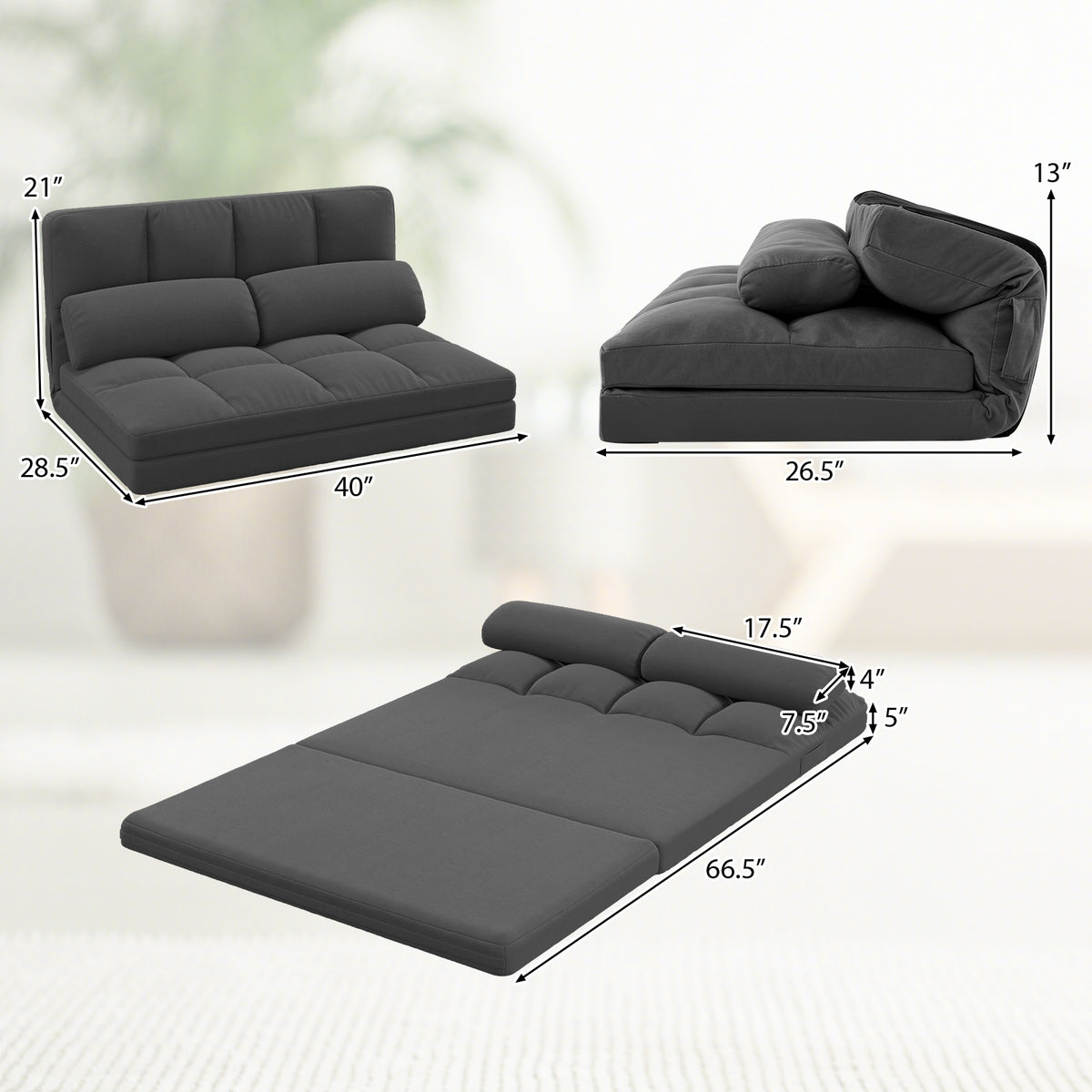 Floor Sofa Bed with 6 Positions Adjustable Backrest Skin-friendly Velvet Cover-Dark Gray-Floor Chairs-DECOROLALA
