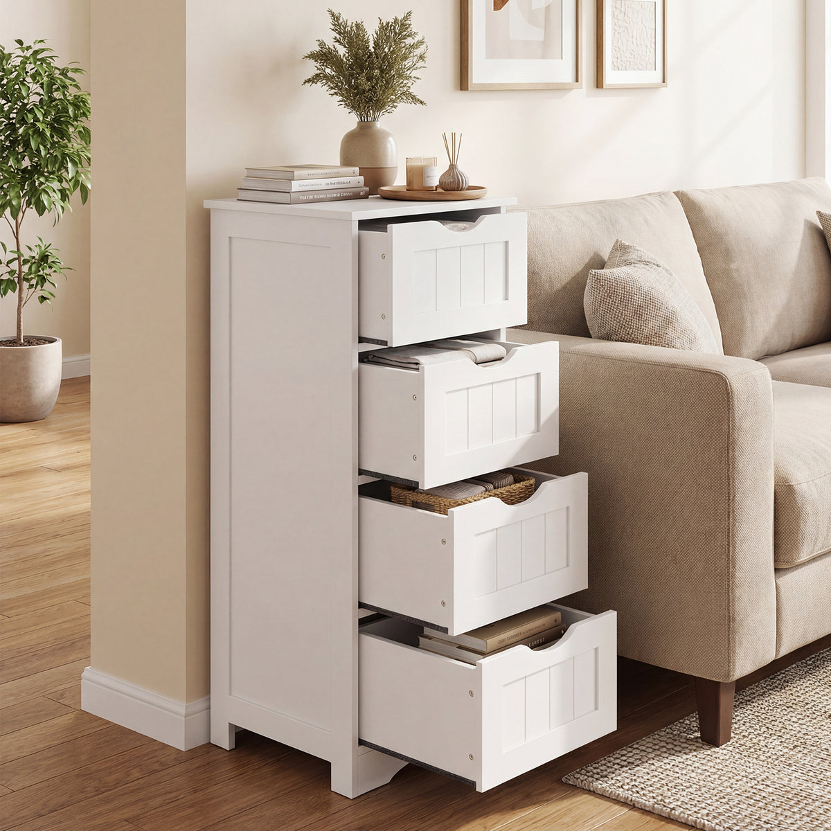 Floor Wooden Free Standing Storage Side Organizer for Bathroom-White-Floor Cabinets-DECOROLALA