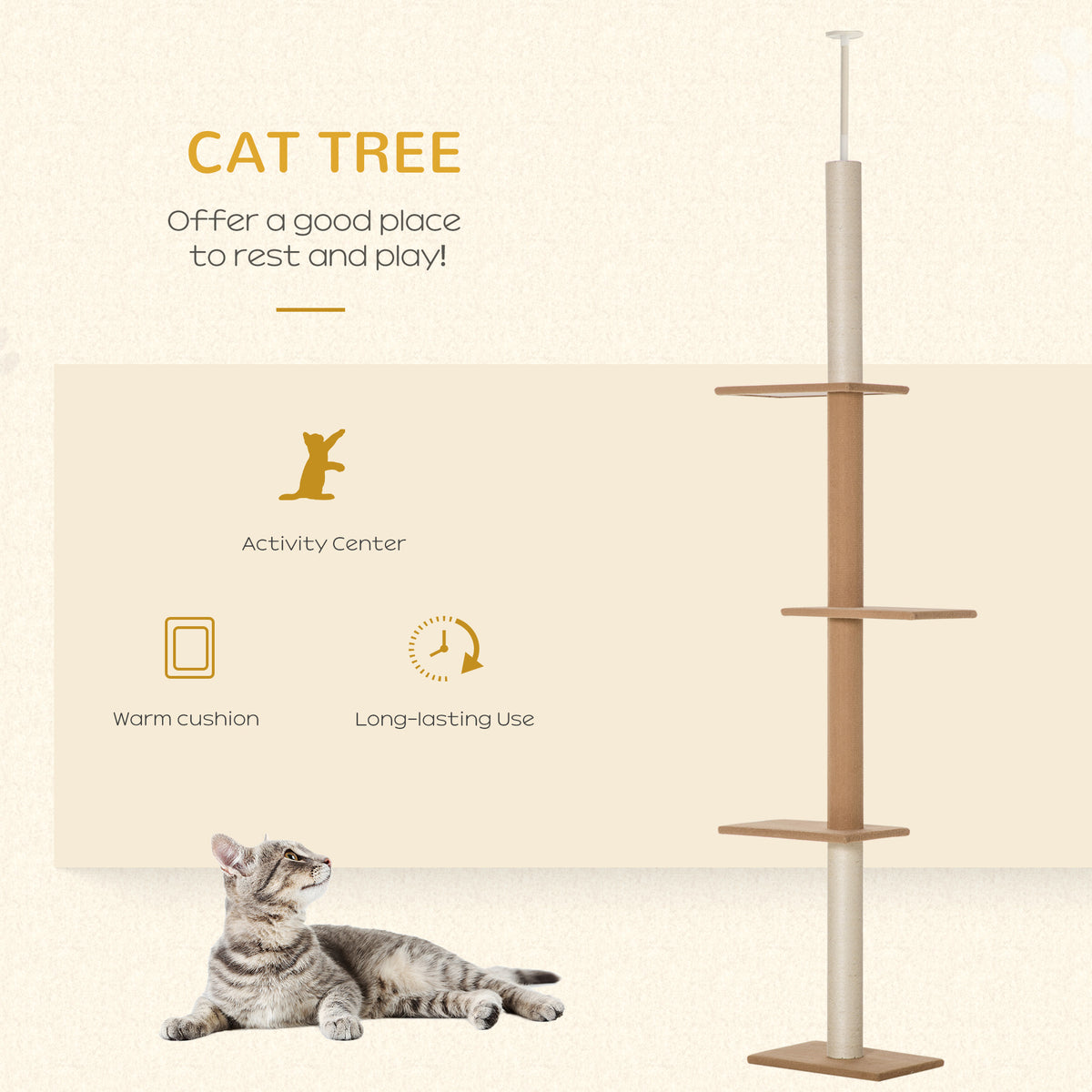 Floor to Ceiling Cat Tree - 100" Brown 4-Tier Activity Center-Cats-DECOROLALA