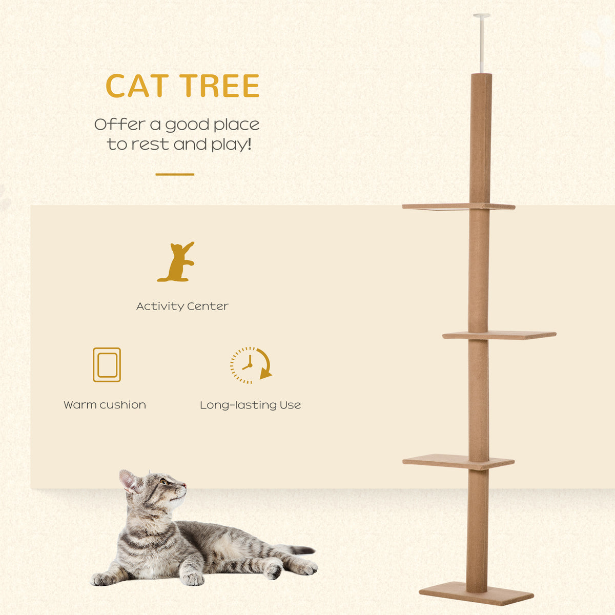 Floor to Ceiling Cat Tree - 4-Tier Activity Tower Light Brown-Cats-DECOROLALA