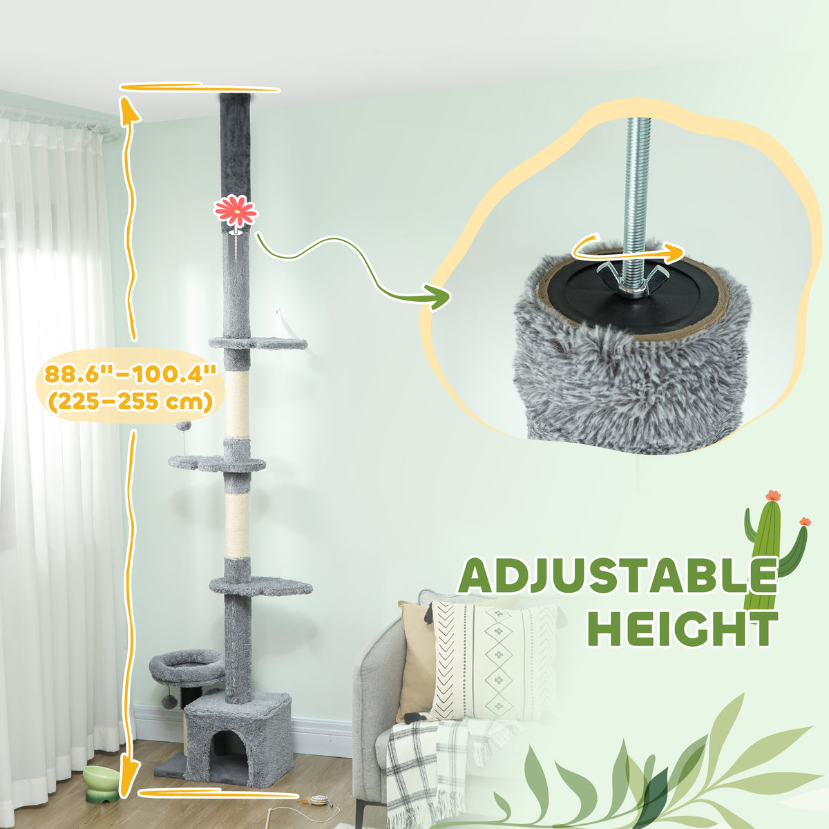 Floor to Ceiling Cat Tree - 4 Tiers Adjustable Height 88-100" Grey-Cats-DECOROLALA