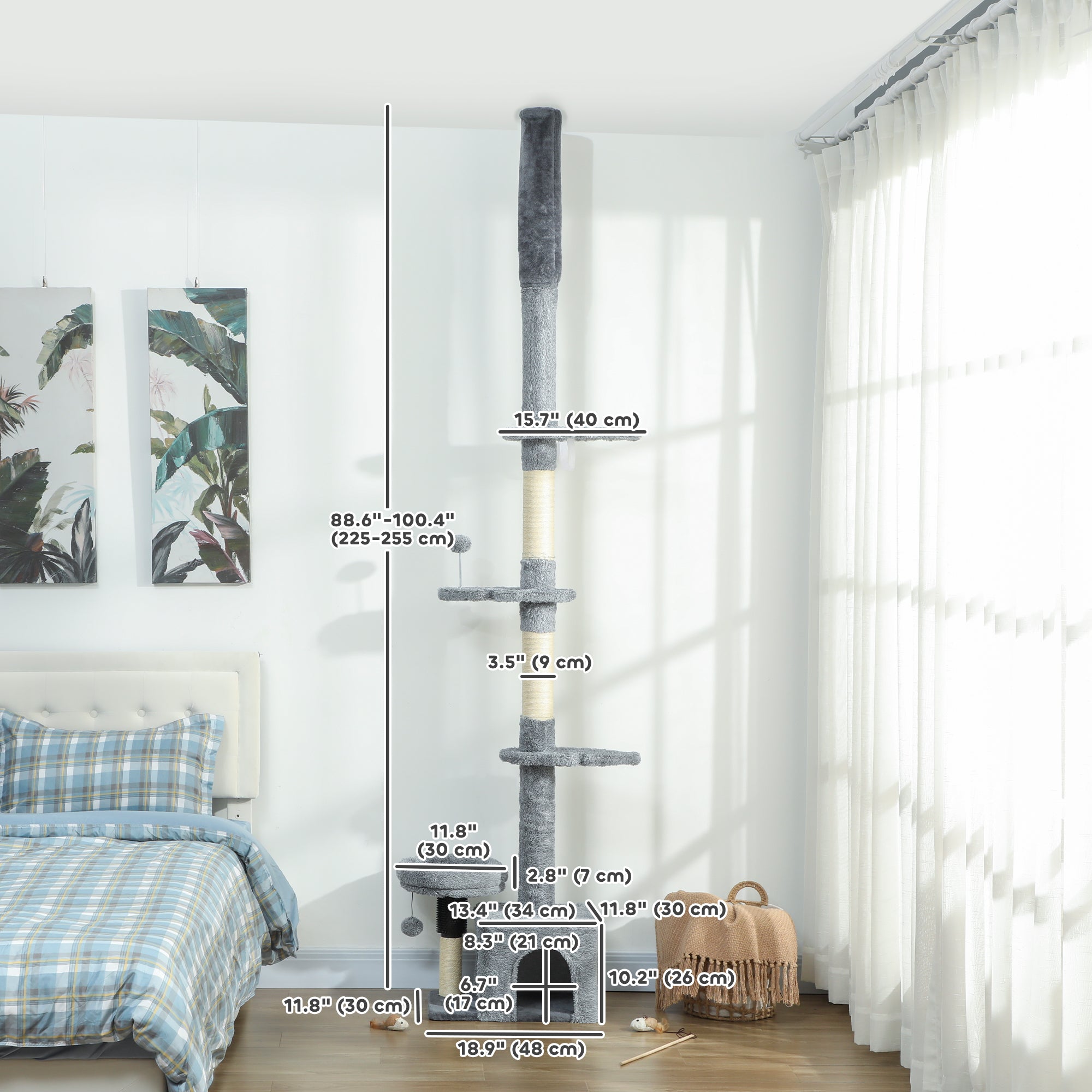 Floor to Ceiling Cat Tree, 4 Tiers Tall Kitty Climbing Tower with Scratching Post, Adjustable Height 87-100"-Cats-DECOROLALA