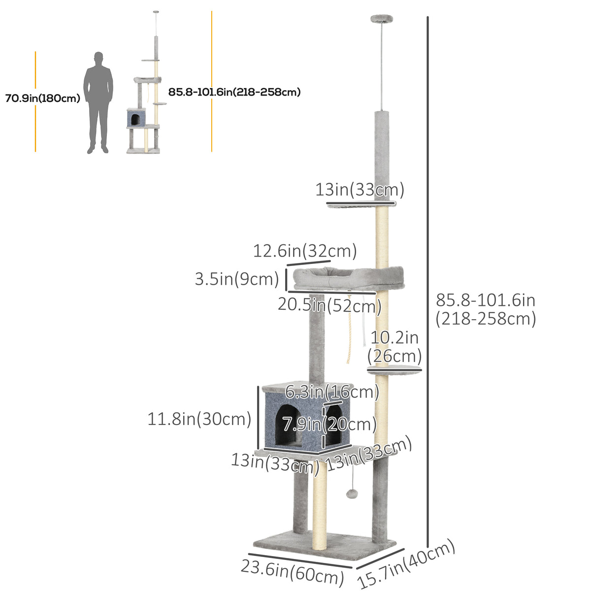 Floor to Ceiling Cat Tree - 85-101" Adjustable Tower Grey-Cats-DECOROLALA