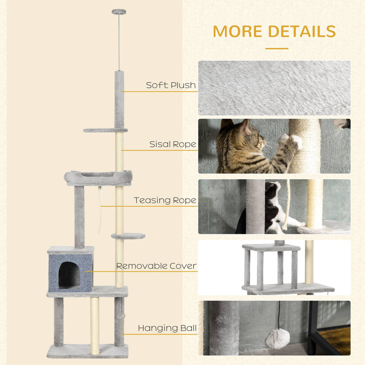 Floor to Ceiling Cat Tree - 85-101" Adjustable Tower Grey-Cats-DECOROLALA