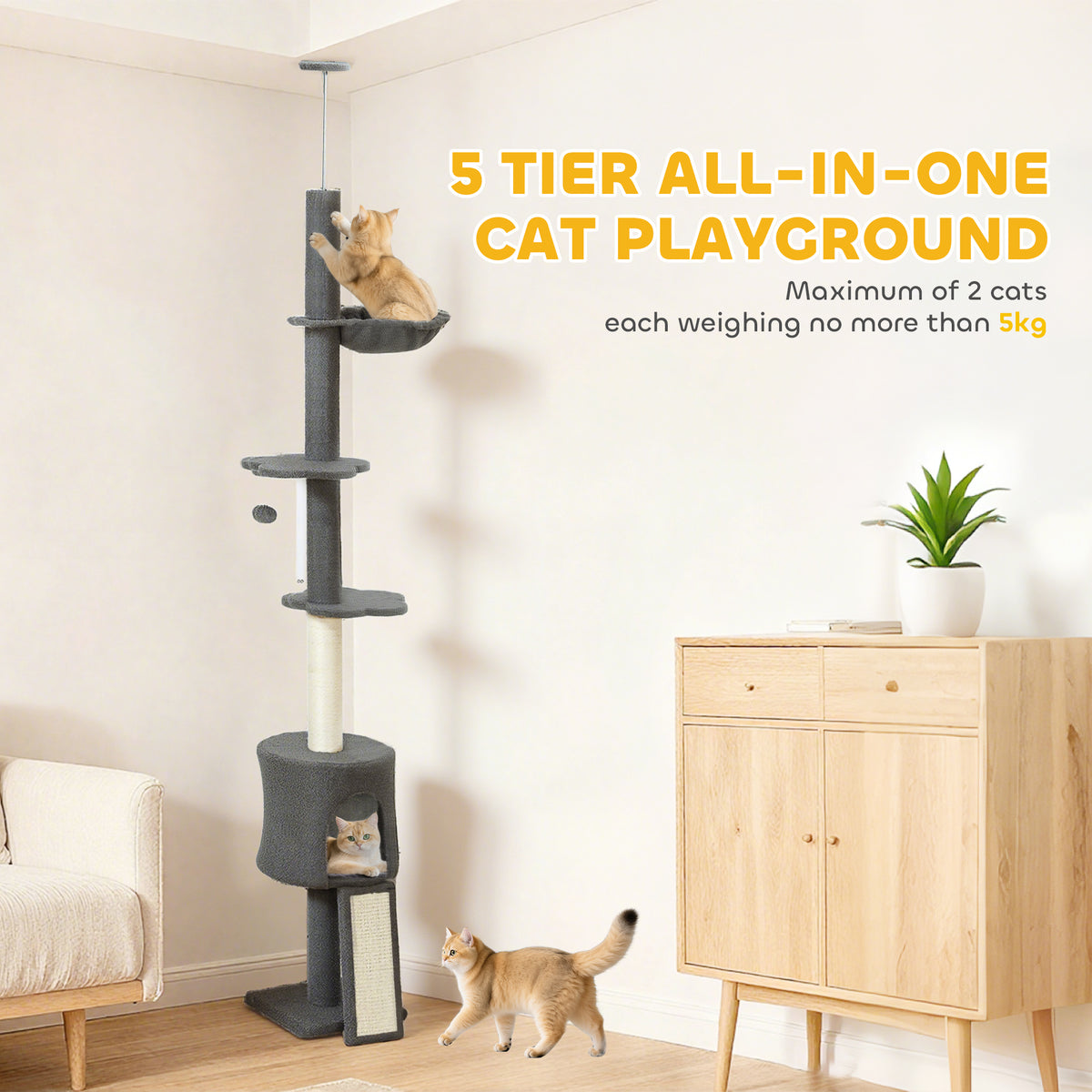 Floor to Ceiling Cat Tree - 87"-94.5" Adjustable Dark Grey-Cats-DECOROLALA