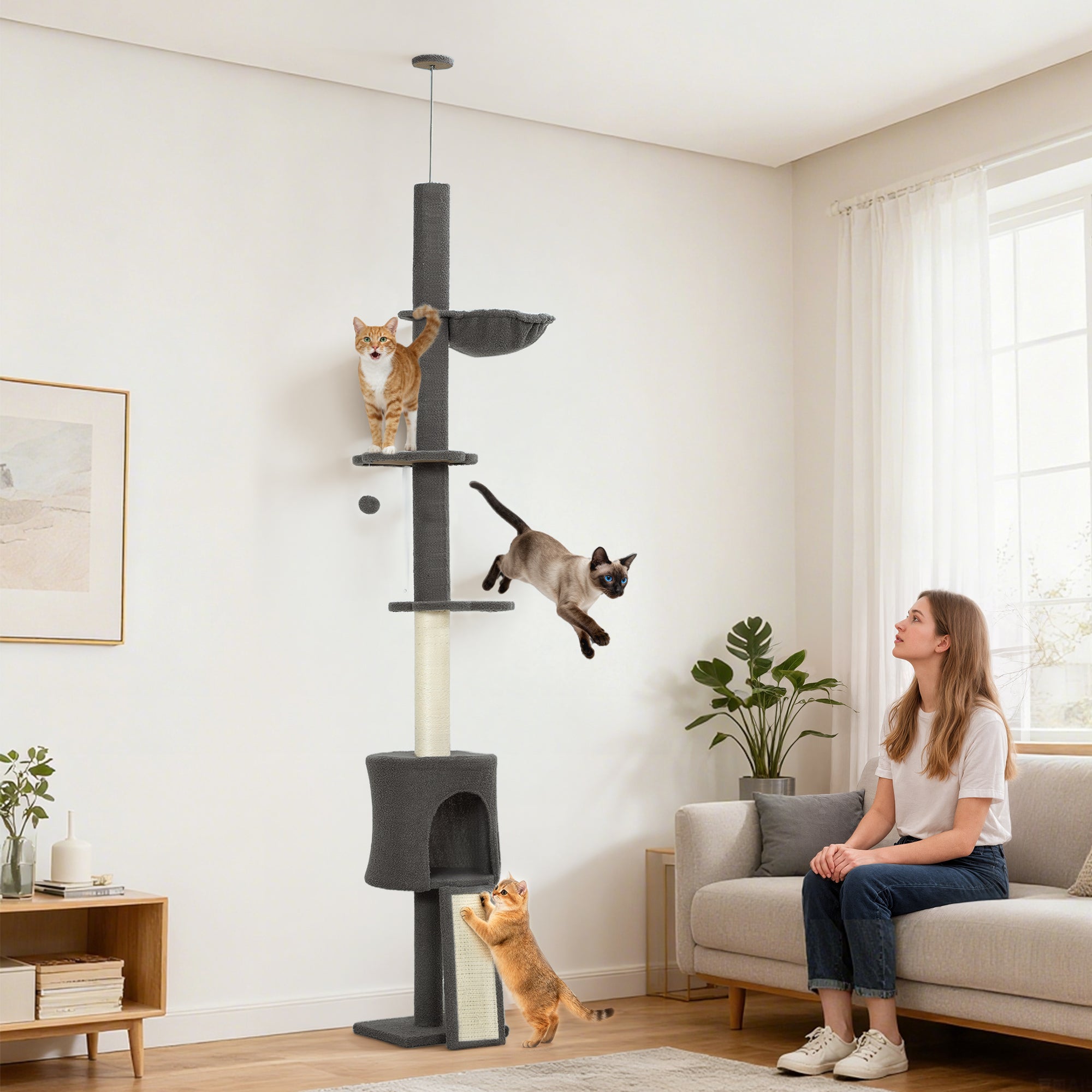 Floor to Ceiling Cat Tree - 87"-94.5" Adjustable Dark Grey-Cats-DECOROLALA