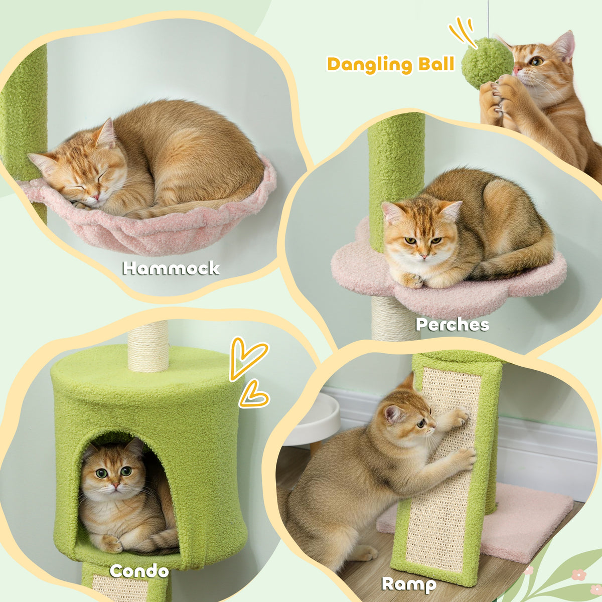 Floor to Ceiling Cat Tree - 87"-94.5" Green Flower Tower with Condo-Cats-DECOROLALA