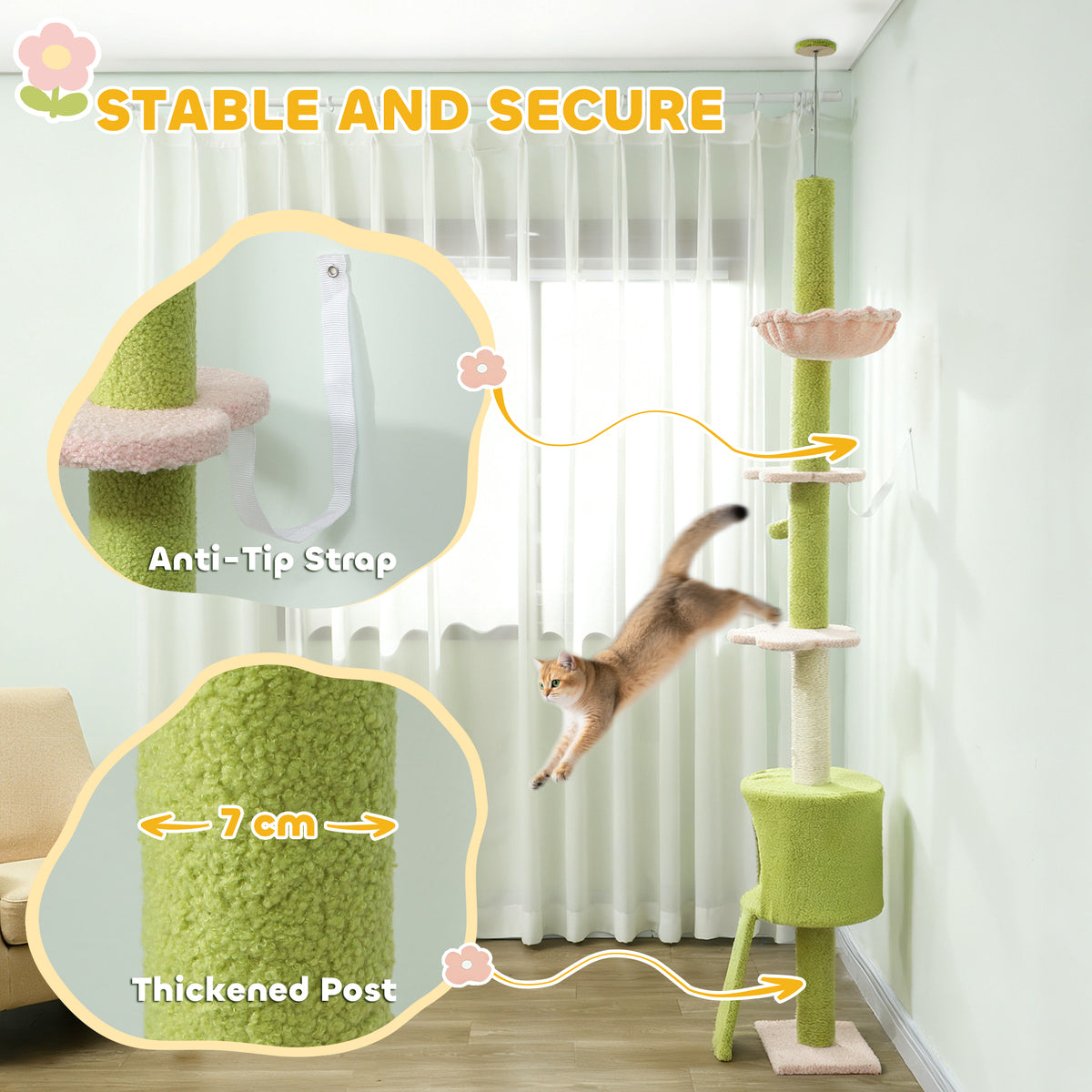 Floor to Ceiling Cat Tree - 87"-94.5" Green Flower Tower with Condo-Cats-DECOROLALA