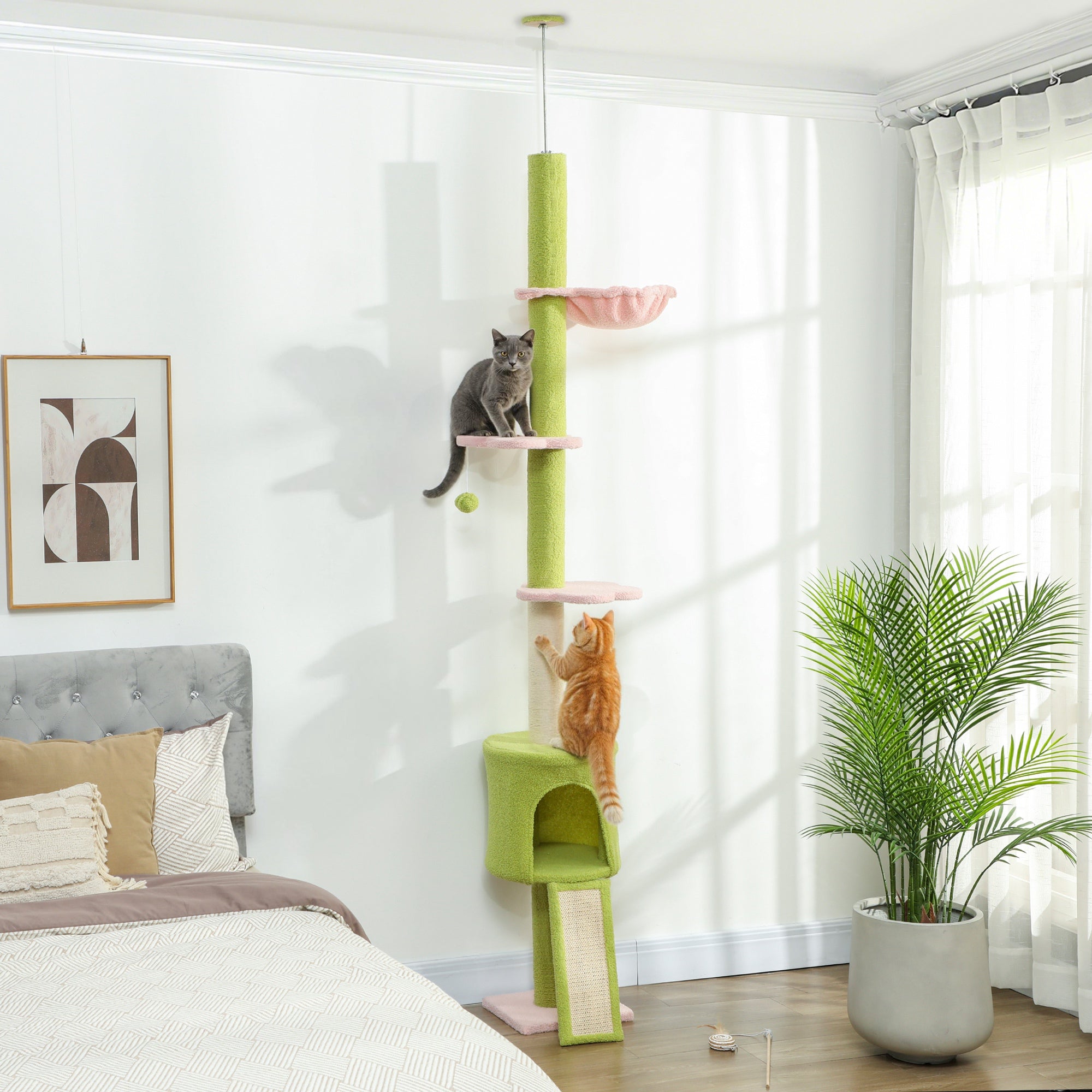 Floor to Ceiling Cat Tree - 87"-94.5" Green Flower Tower with Condo-Cats-DECOROLALA